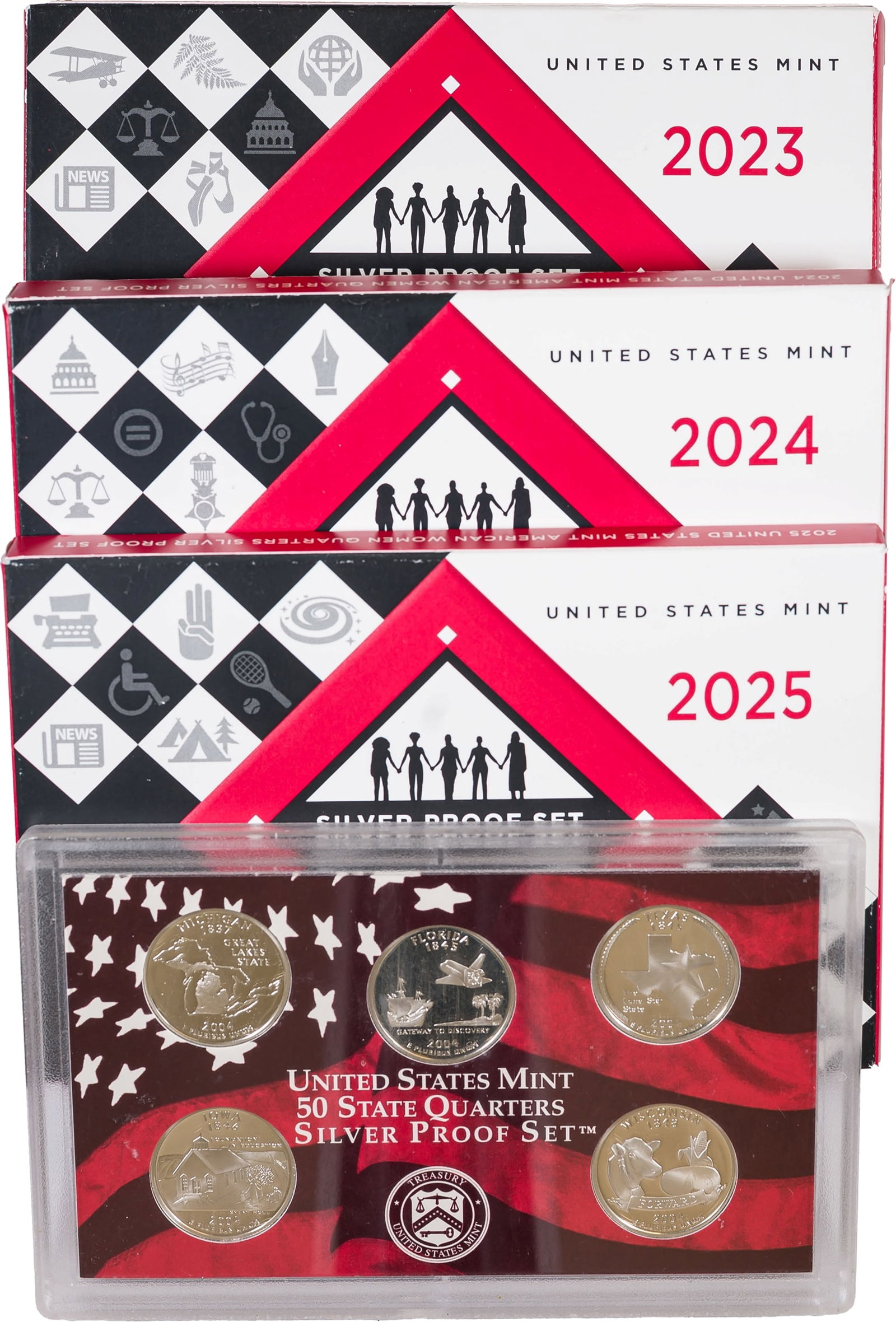 4 Different Silver Quarter Proof Sets: Lot includes 2004, 2023, 2024 & 2025 Silver Proof Quarter Sets. All but the 2004 are in OGP. (Total: 4 pcs)