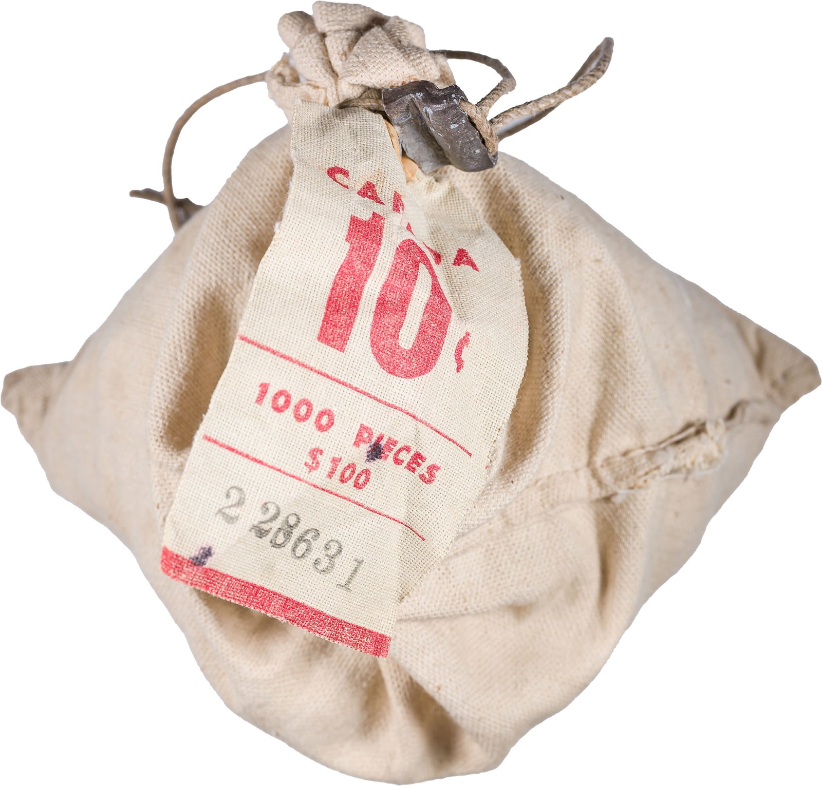 Canada. Original Bag 1963 Ten-Cent Pieces: Contains $100 face value in original, still sealed canvas bag with tag on bag that reads CANADA / 10� / 1000 PIECES / $100" with Serial No. 228631. Neat, the first we've seen! Total: 1 bag,