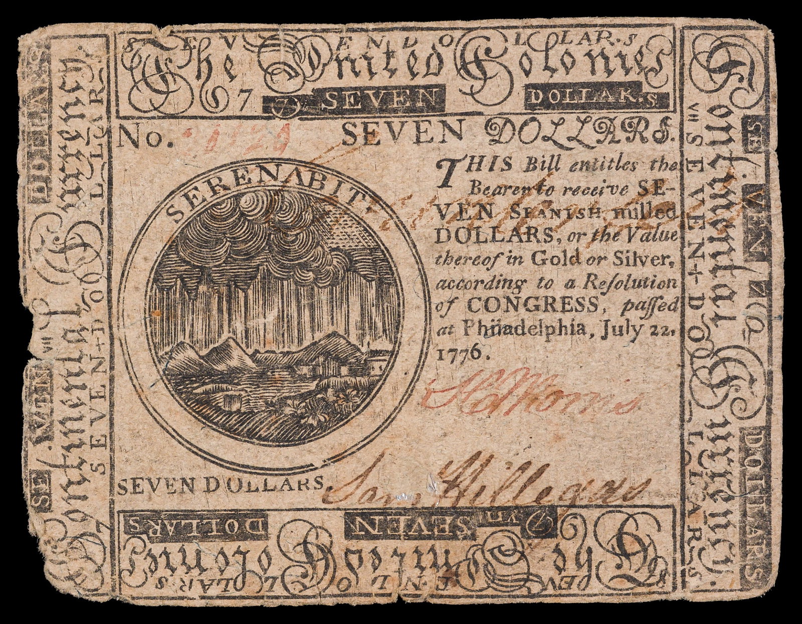 Fine 1776 $7 Continental Currency: Shows some paper loss at the lower left corner, otherwise a bold example.