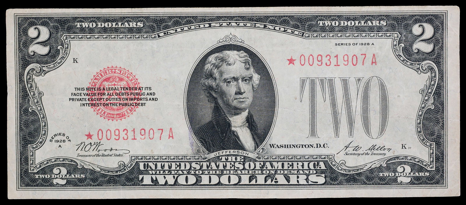 Scarce VF+ 1928-A $2 Star Note: A crisp example that shows only light folds.