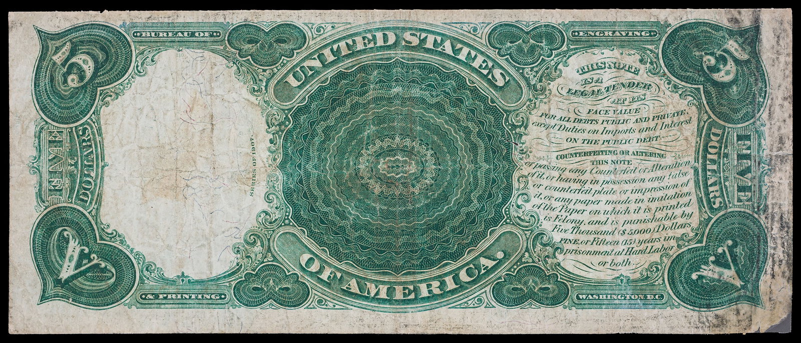 VF Details 1907 $5 Legal Tender Wood Chopper Note - 2