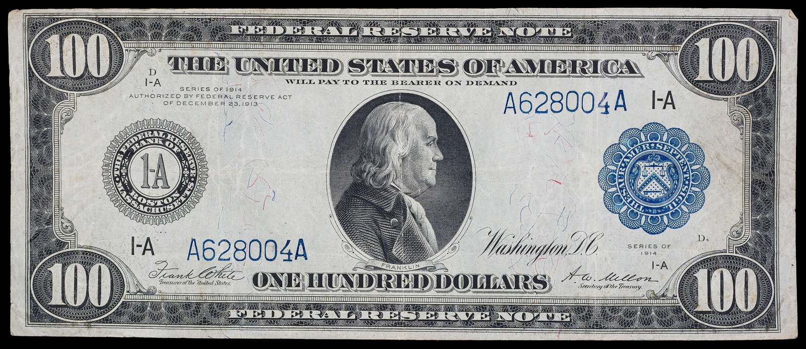 Desirable VF-EF 1914 Federal Reserve Note $100: Fairly crisp for the grade, with only faint creasing apparent. Bold inking throughout.