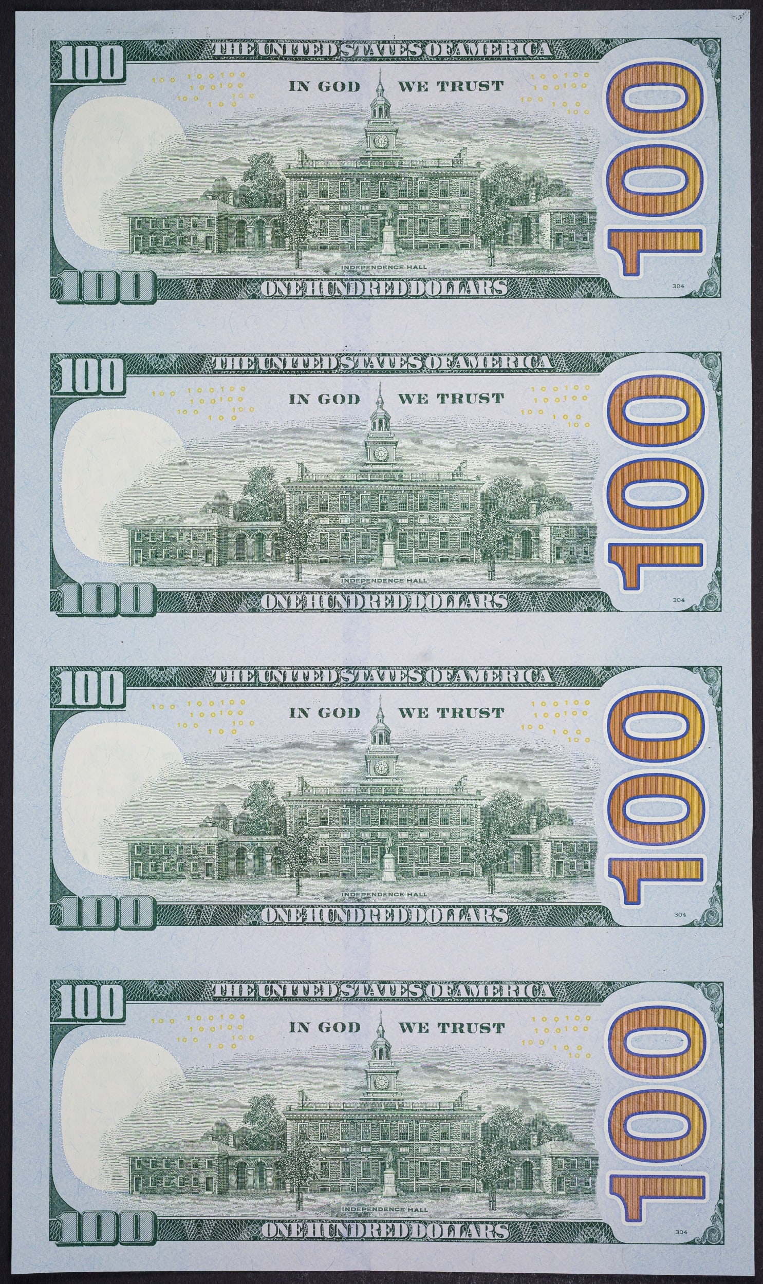 Four Note Sheet of Federal Reserve $100 Notes - 2