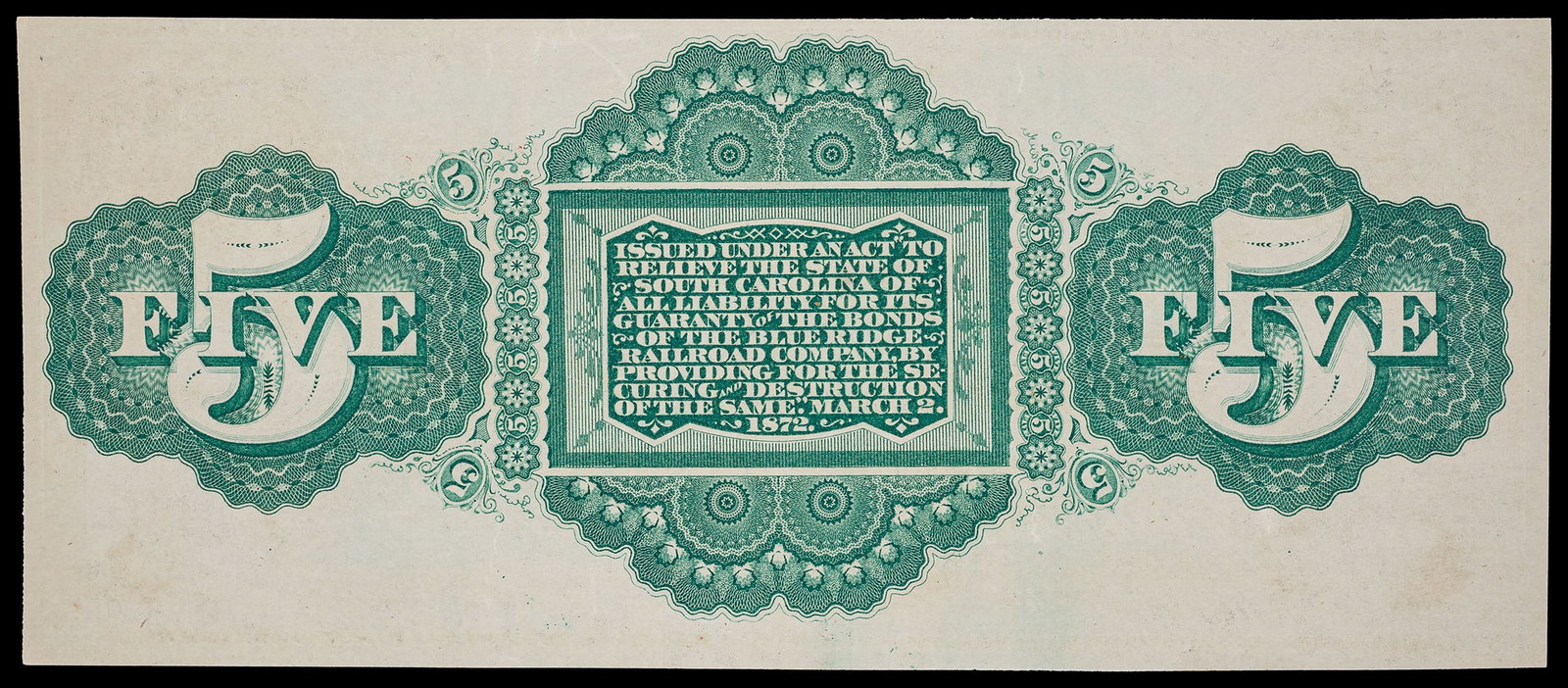 CU 1872 South Carolina $5 Bond Script - 2