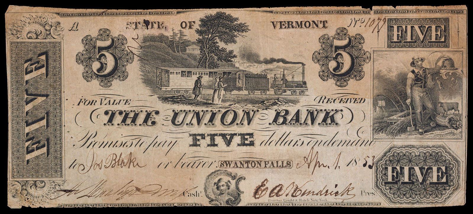 Fine 1853 Swanton Falls VT $5 Obsolete: The Union Bank. Shows some mostly small holes.