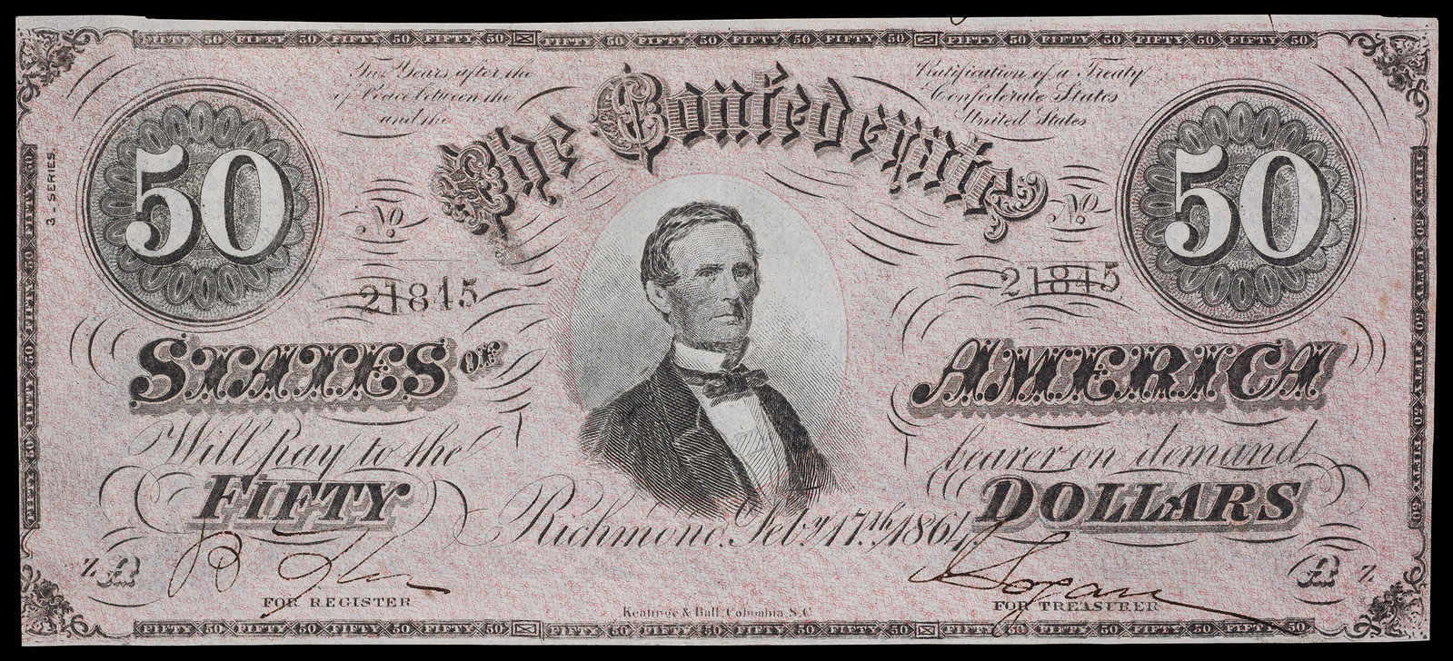 Choice AU 1864 $50 Confederate Note: Bright and crisp with no folds just a couple of slight bends.