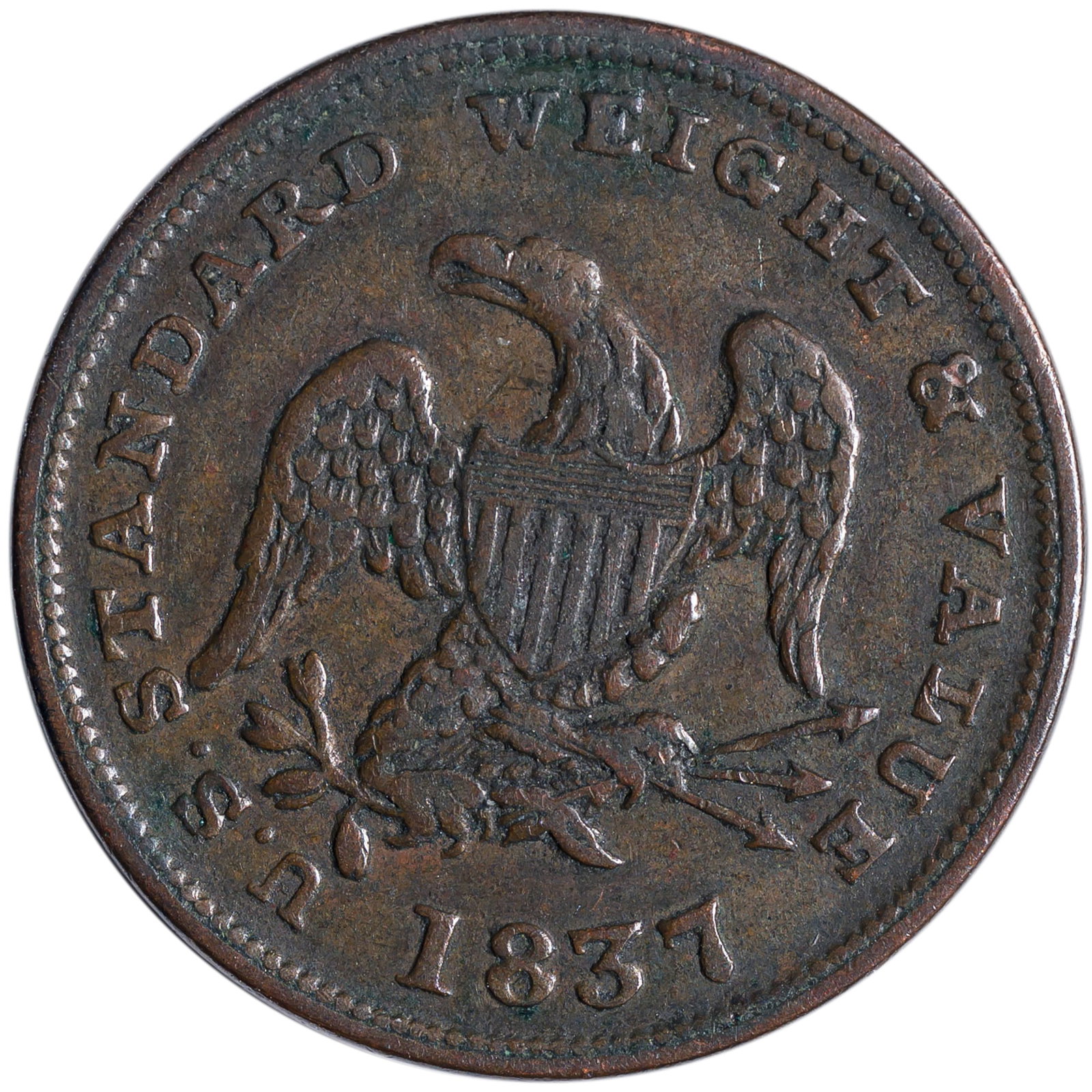 VF-30+ 1837 Hard Times Token Half Cent (1 of 2)