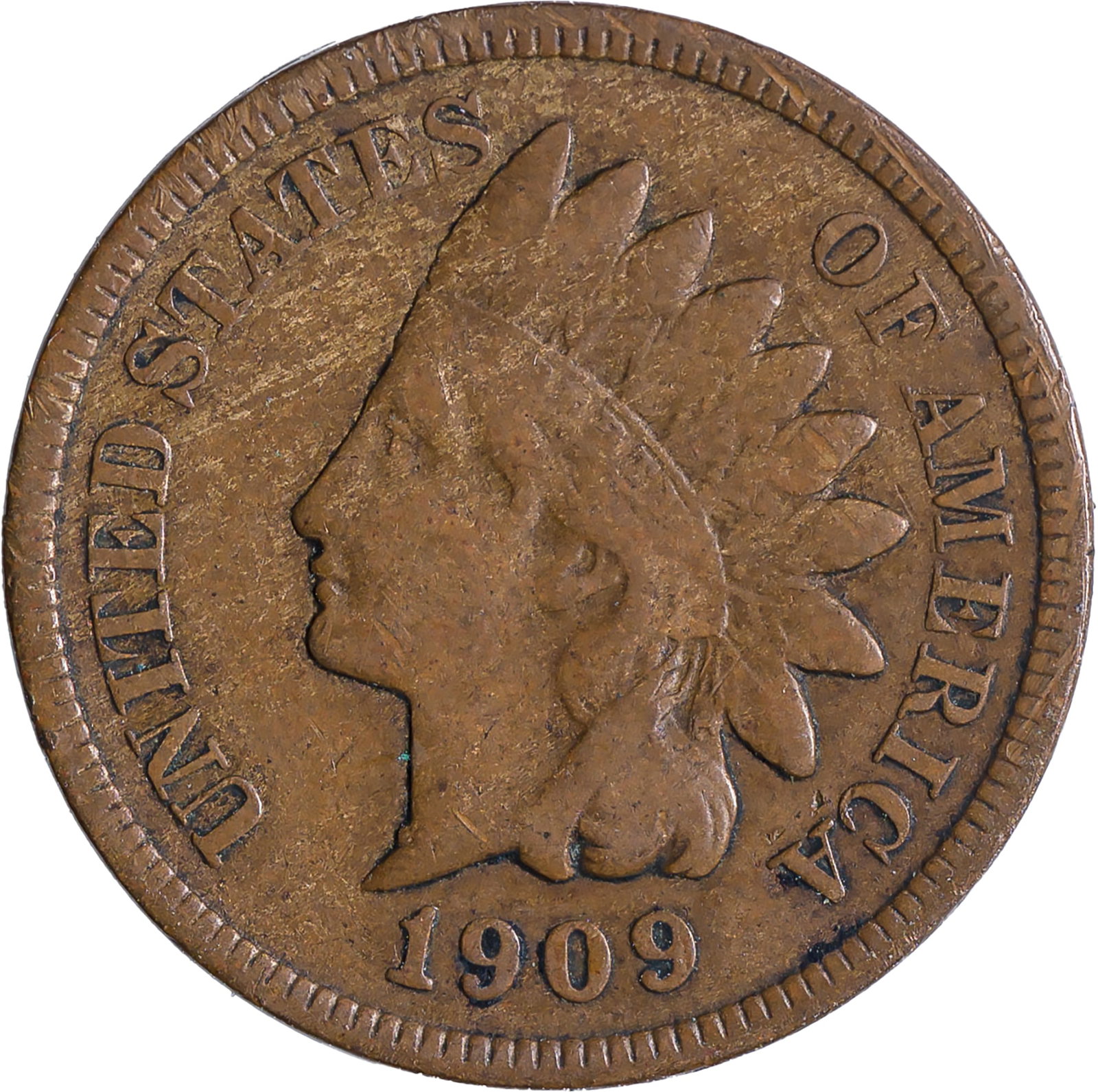 Fine-12 1909-S Indian Cent: Medium golden-tan with some woodgrain effect noted.