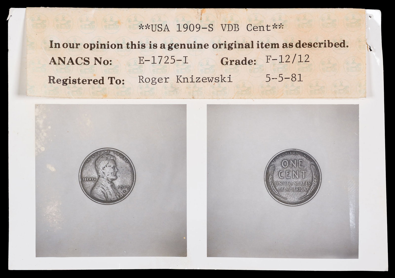 ANACS F-12 1909-S VDB Lincoln Cent - 3