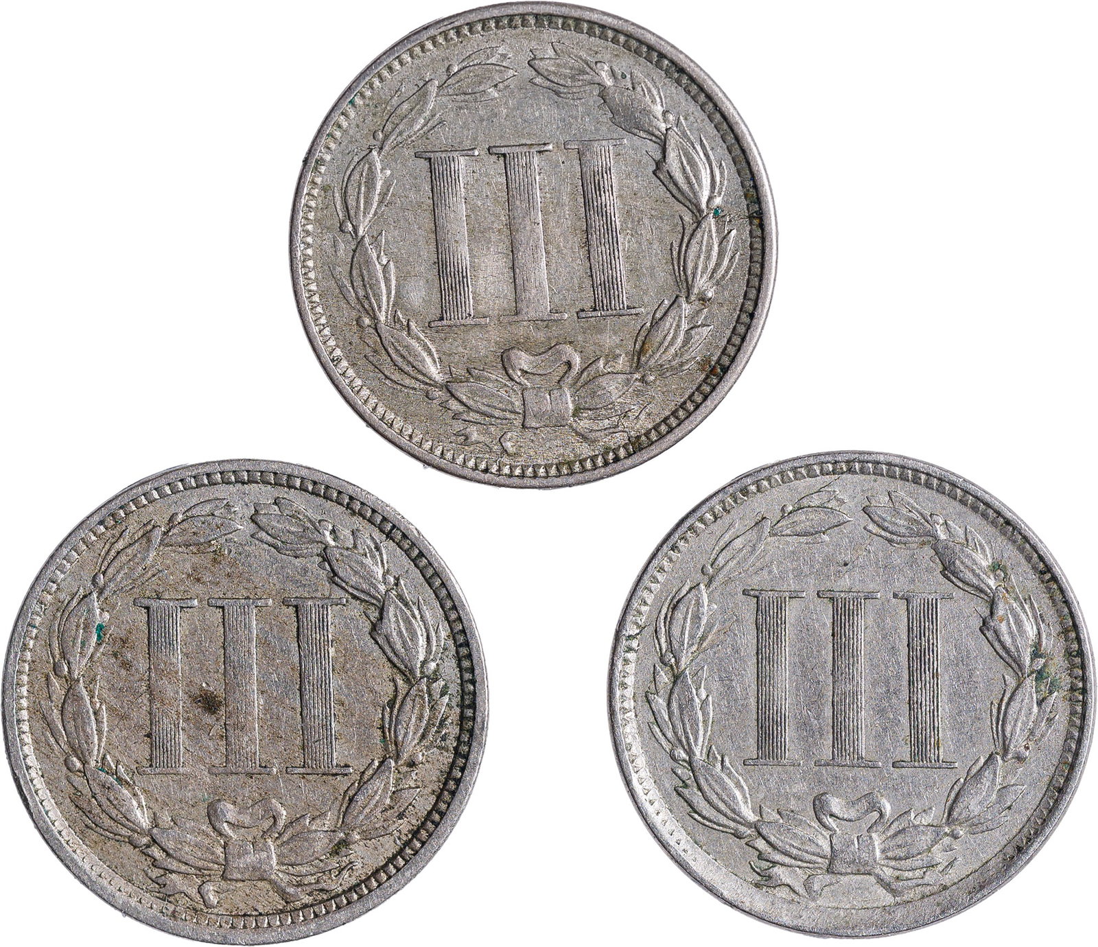 3 Pieces 1867 Nickel Three-Cents - 2
