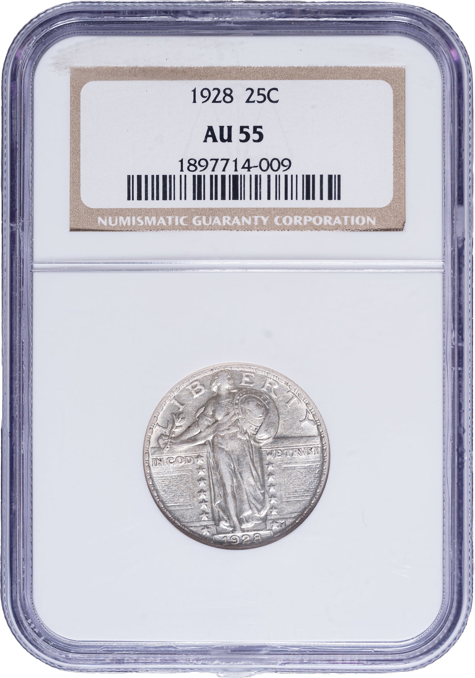 NGC AU-55 1928 Quarter: Bright and lustrous.