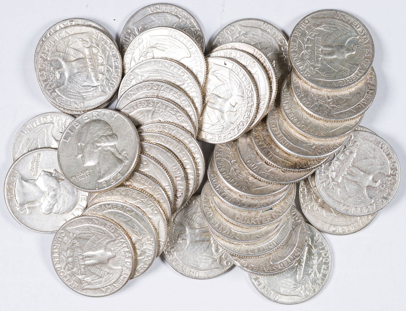 Roll Of 1964 Silver Washington Quarters: An average circulated roll.