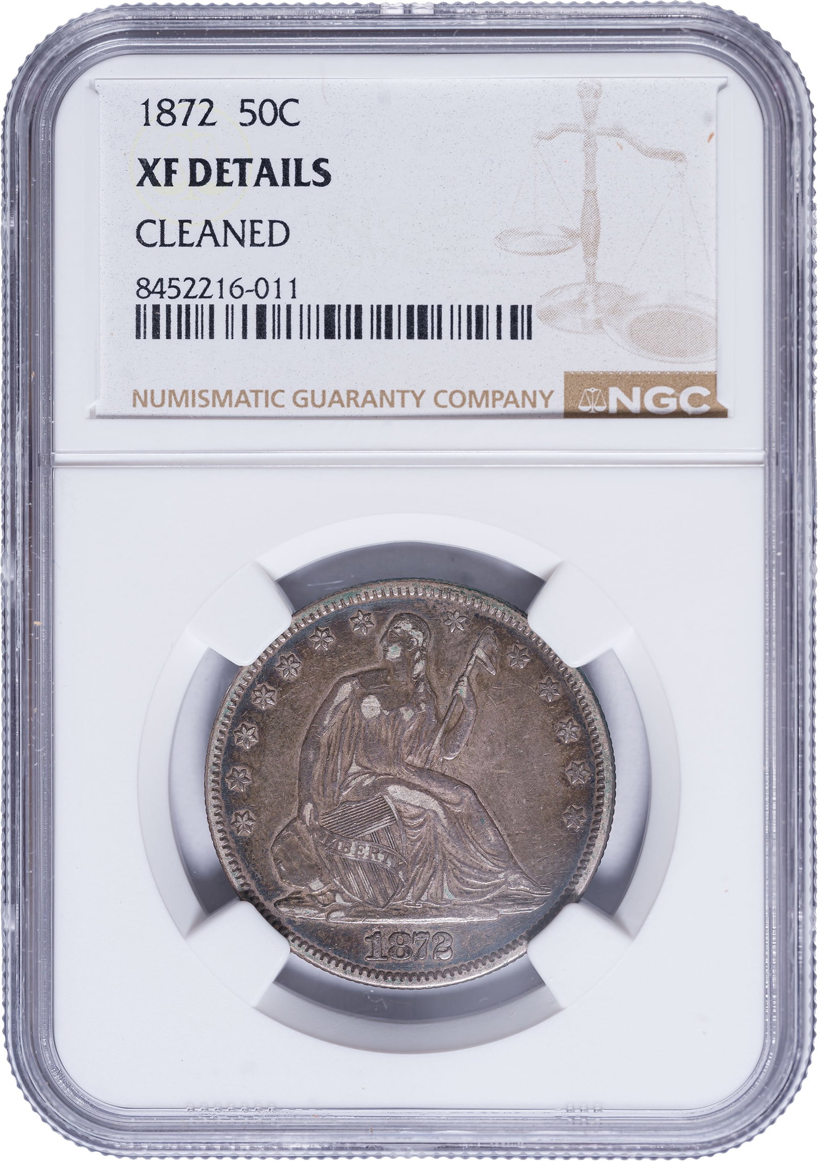 NGC EF Details 1872 Half Dollar: Cleaned. Now recovered in deep lilac-gray. We see no real traces of a cleaning here.