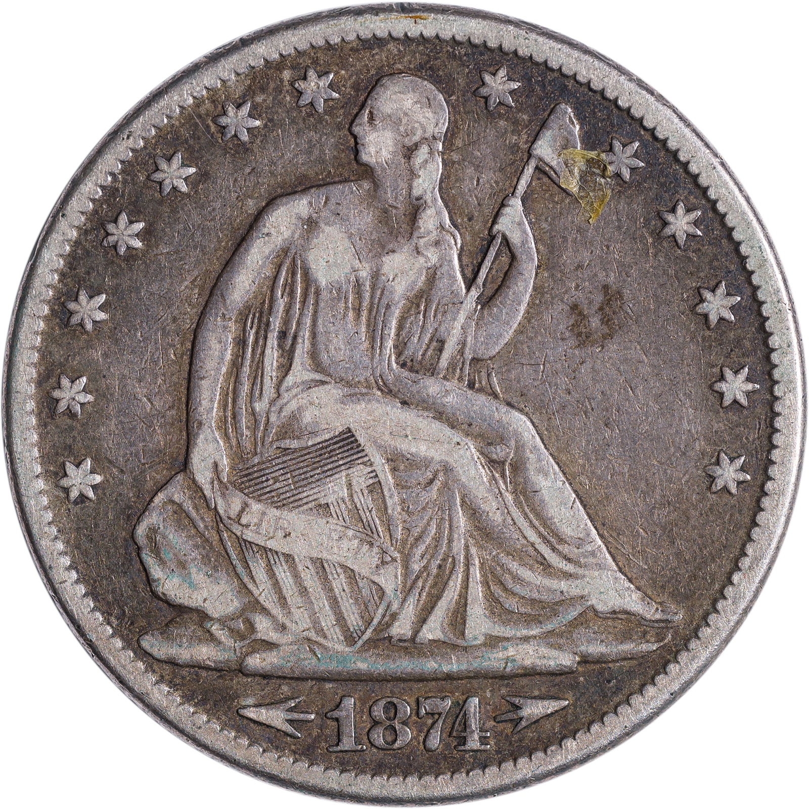 F-15 1874 Arrows Seated Half Dollar: Original with overall detail equal to most VF's