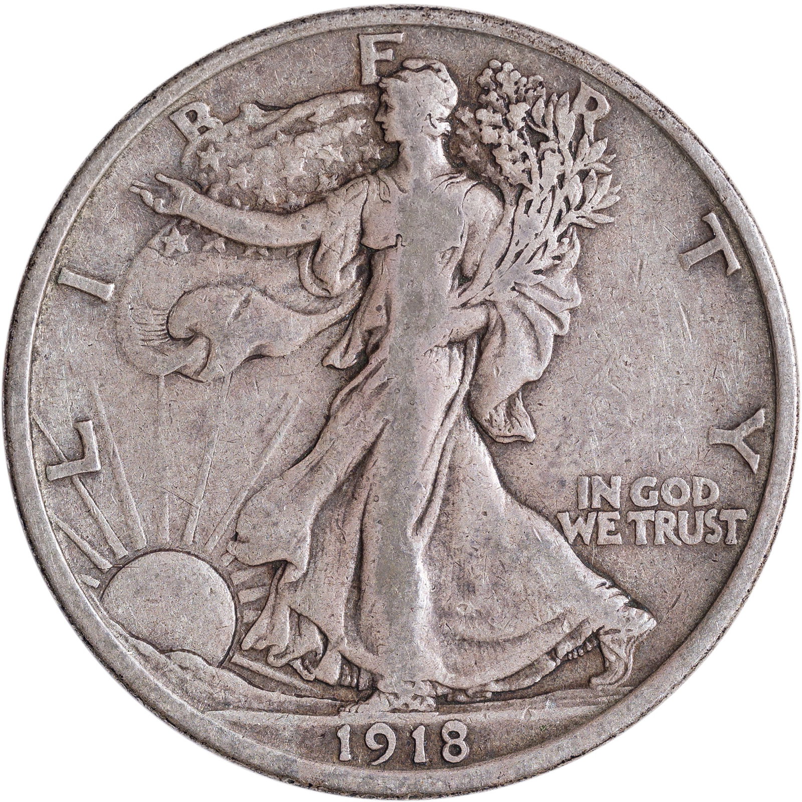VF-20 1918-D Walking Liberty Half Dollar: Shows a few faint hairlines on the reverse.