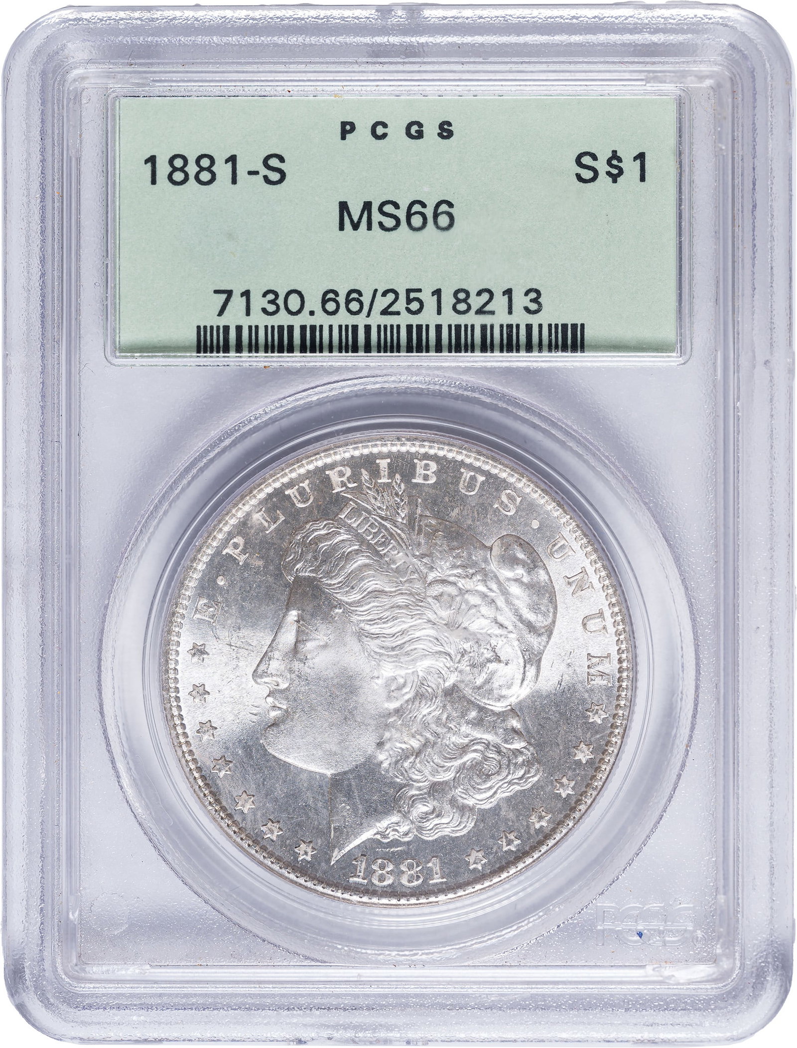 PCGS MS-66 1881-S Morgan Dollar: Sharp, brilliant, and lustrous with exceptional cartwheel activity. In an old-style green label PCGS holder with frame.