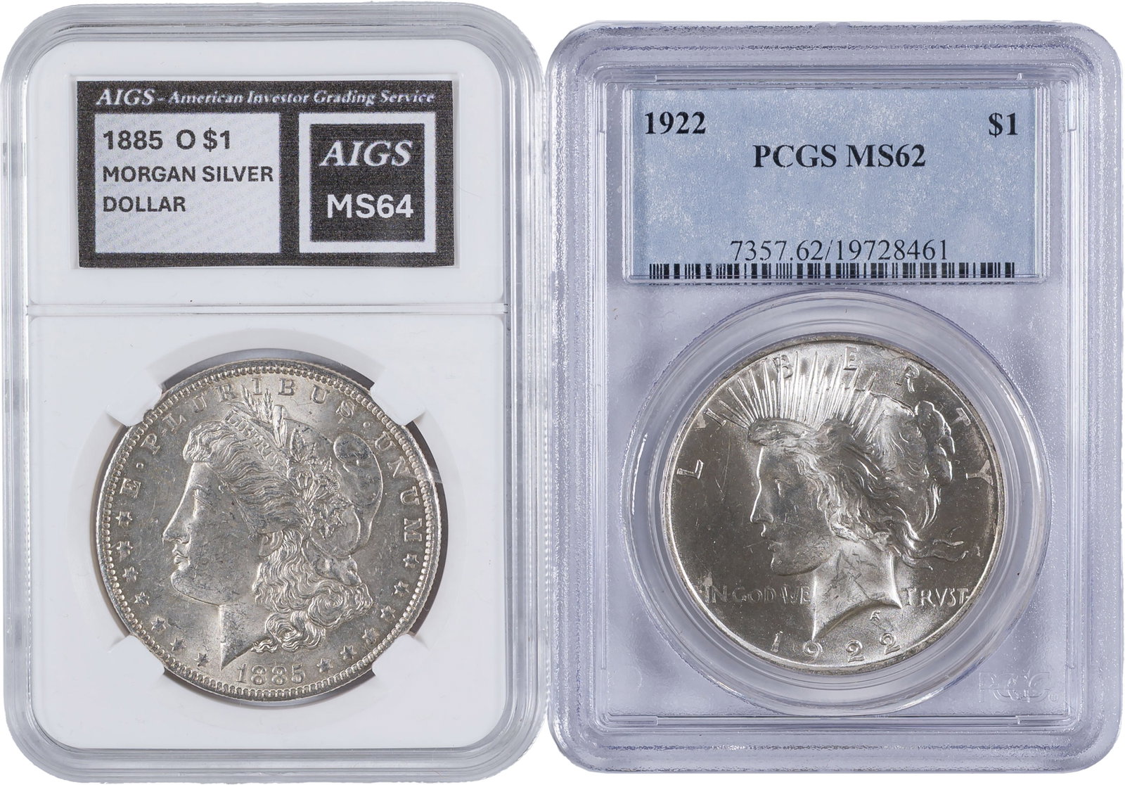 Mint State Silver Dollar Pair: Includes a Generic Certified (we grade MS-60) 1885-O Morgan Dollar and a PCGS MS-62 1922 Peace Dollar. (Total: 2 pcs)