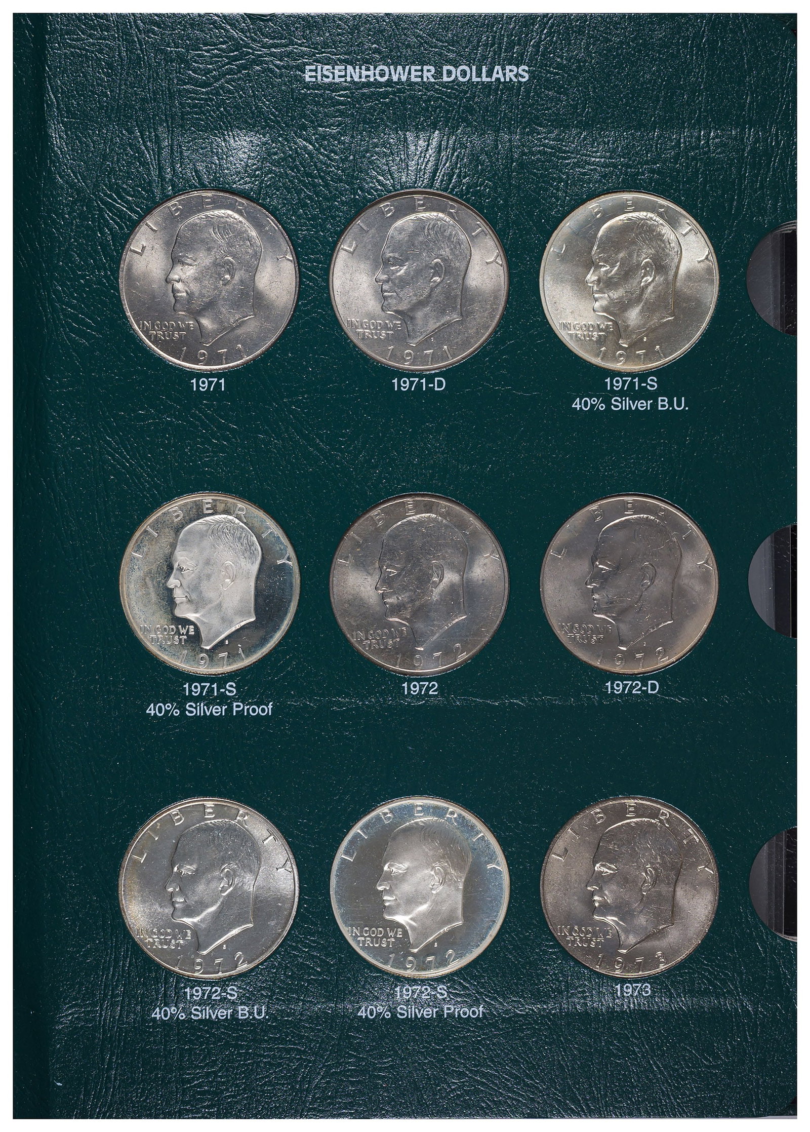 Complete Eisenhower $1 Set with 2 Commemoratives: Complete 1971-1978 32 coin set including proofs and silver issues. Also included are Proof and UNC versions of the 1990 Eisenhower silver commemoratives. A great set for the fan of Ike! Housed in an