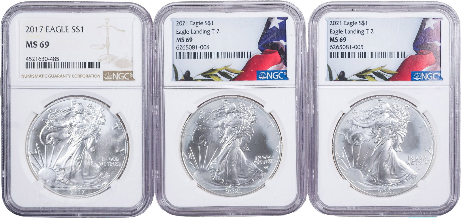 NGC MS-69 Silver Eagle Trio: Includes a 2017 and (2) 2021 Type II. (Total: 3 pcs)