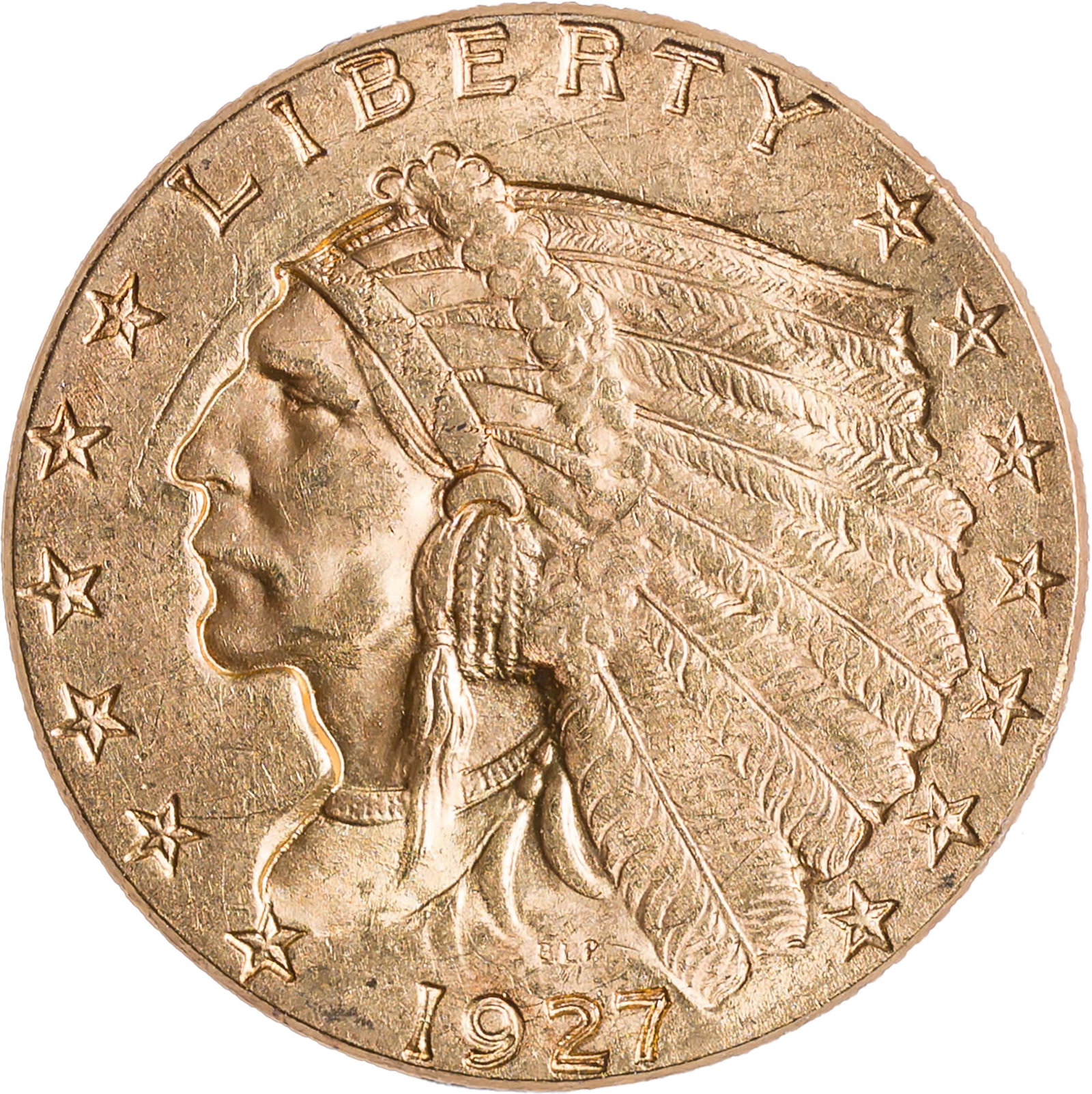 MS-60 1927 $2.50 Gold: Satiny honey-gold with plenty of luster, and with rich golden toning highlights as well. Choice for the grade.