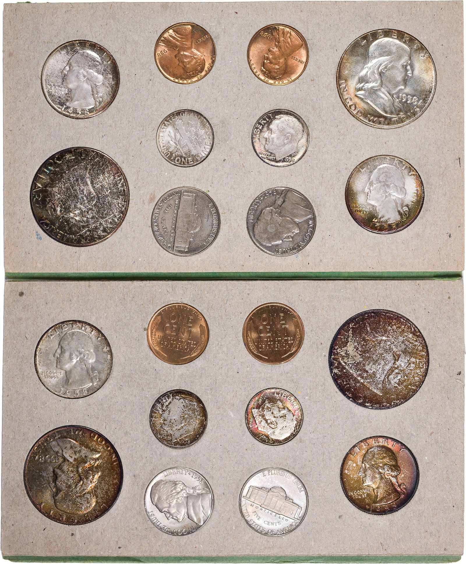 Original 1958 Mint Set: A choice to gem set still housed in its original mint issued cards and envelope. Some of the "D" mint issues show some colorful tone.