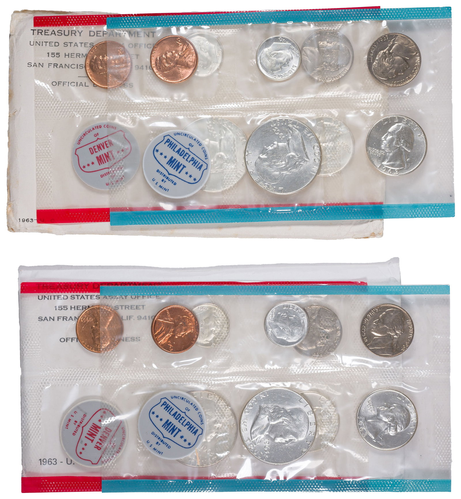 Pair Of 1963 Mint Sets: The coins are housed in original cellophane, but one set is in a reproduction envelope. (Total: 2 pcs)