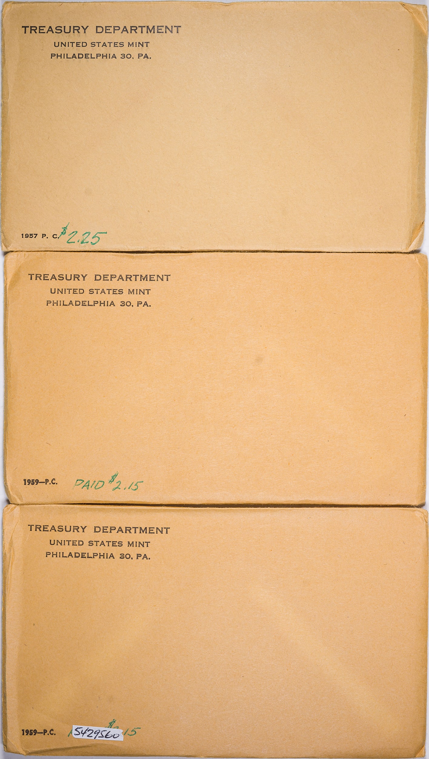 1957 & 1959 Sealed Proof Set Trio: Includes a 1957 & (2) 1959 sets. Both are still in their original sealed envelopes. (Total: 3 pcs)