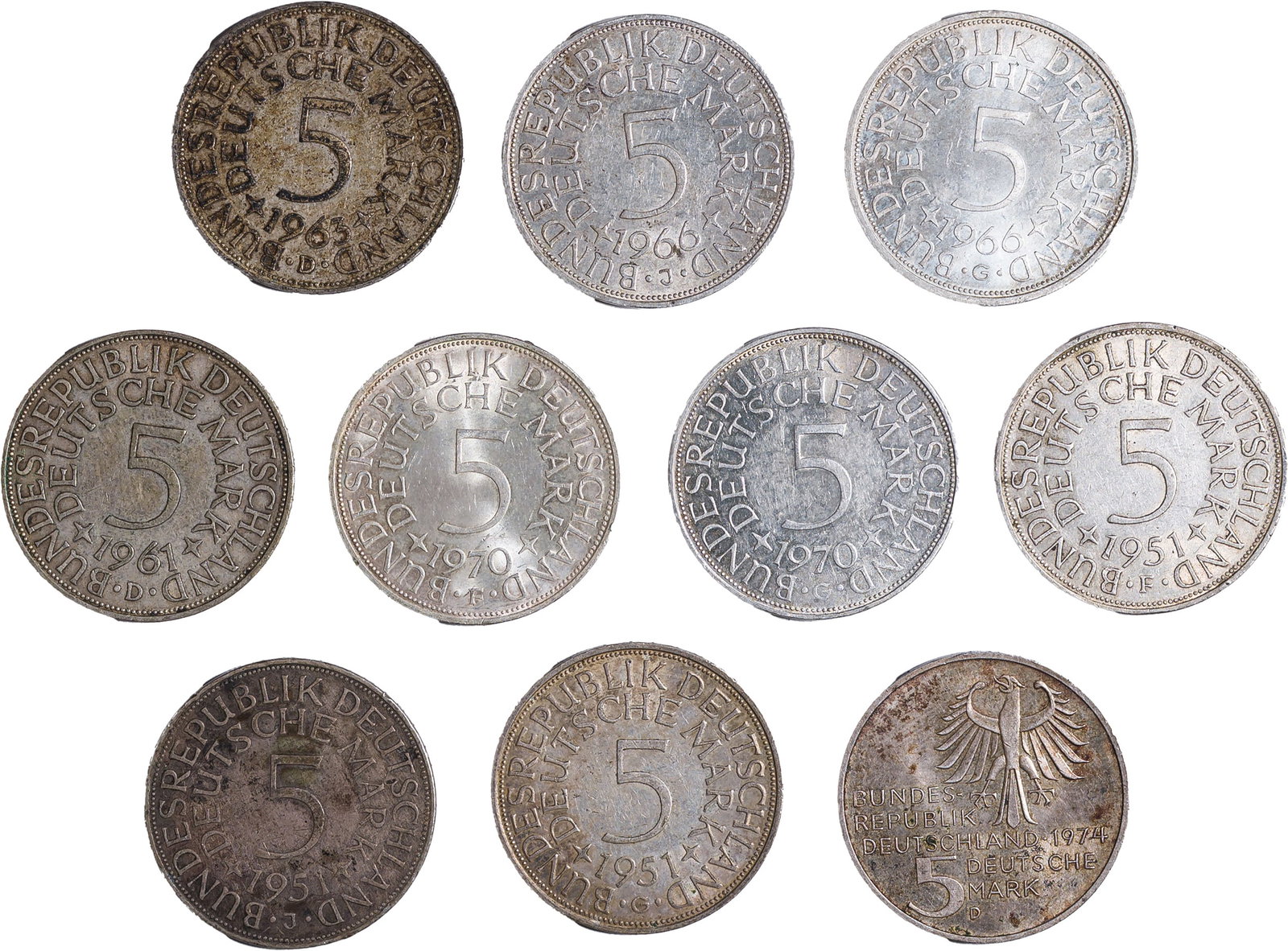 Germany. 10 Pcs Silver 5 Marks - 2