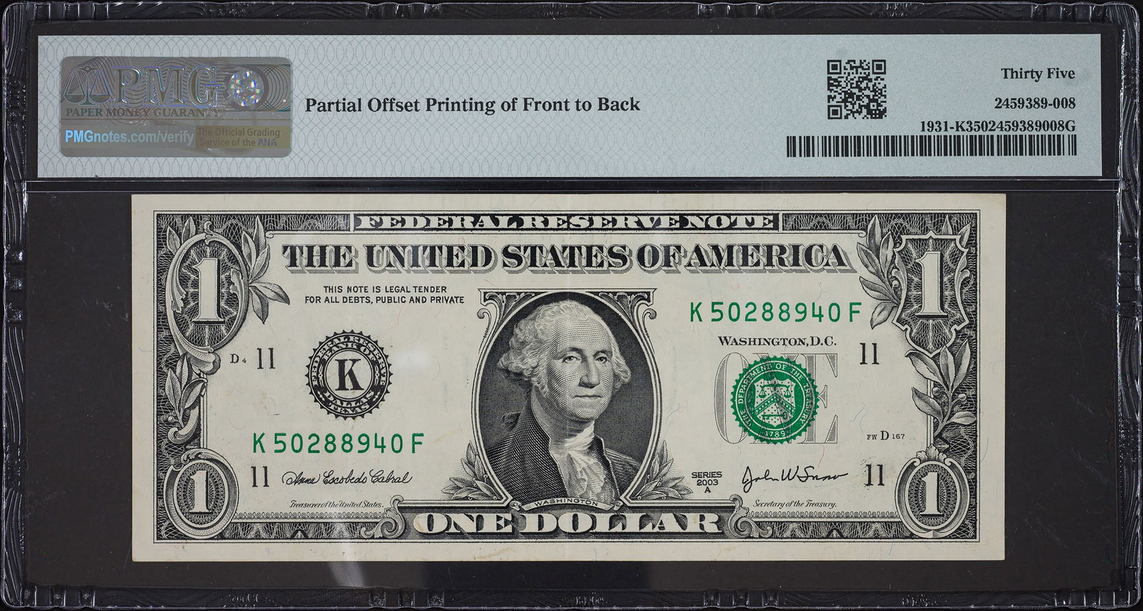 PMG-35 2003A $1 Off Set Printing Error - 2