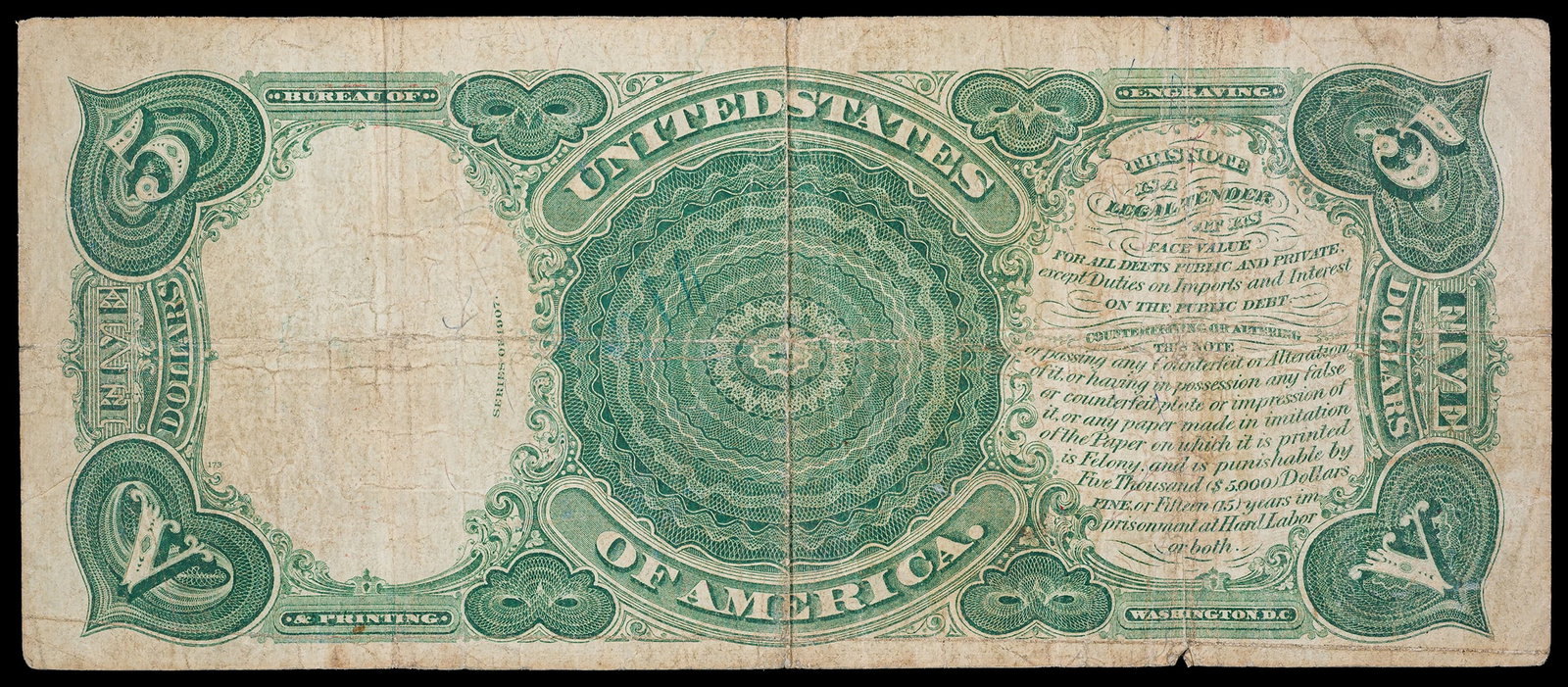 VF 1907 $5 Wood Chopper United States Note - 2