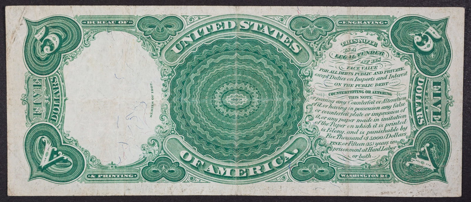 VF+ 1907 $5 Wood Chopper United States Note - 2