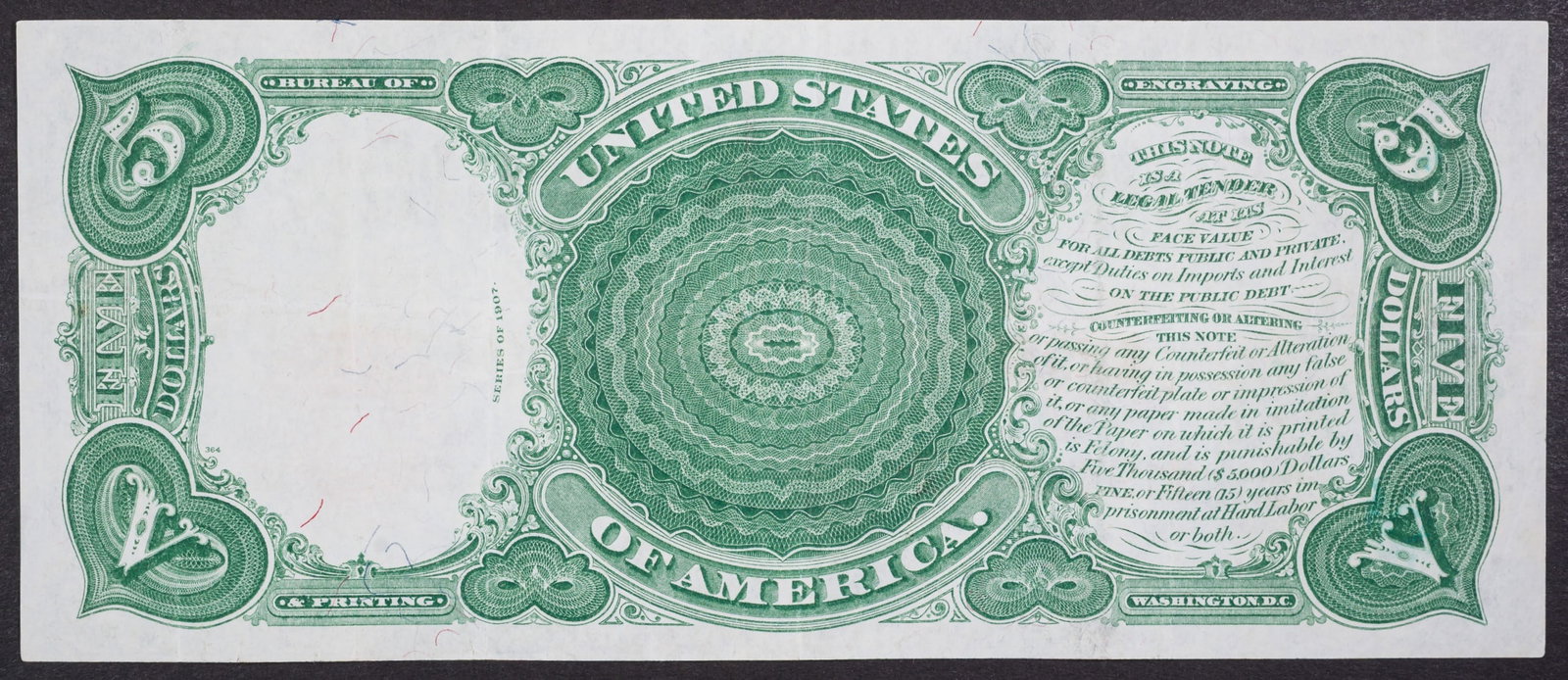 EF 1907 $5 Wood Chopper United States Note - 2