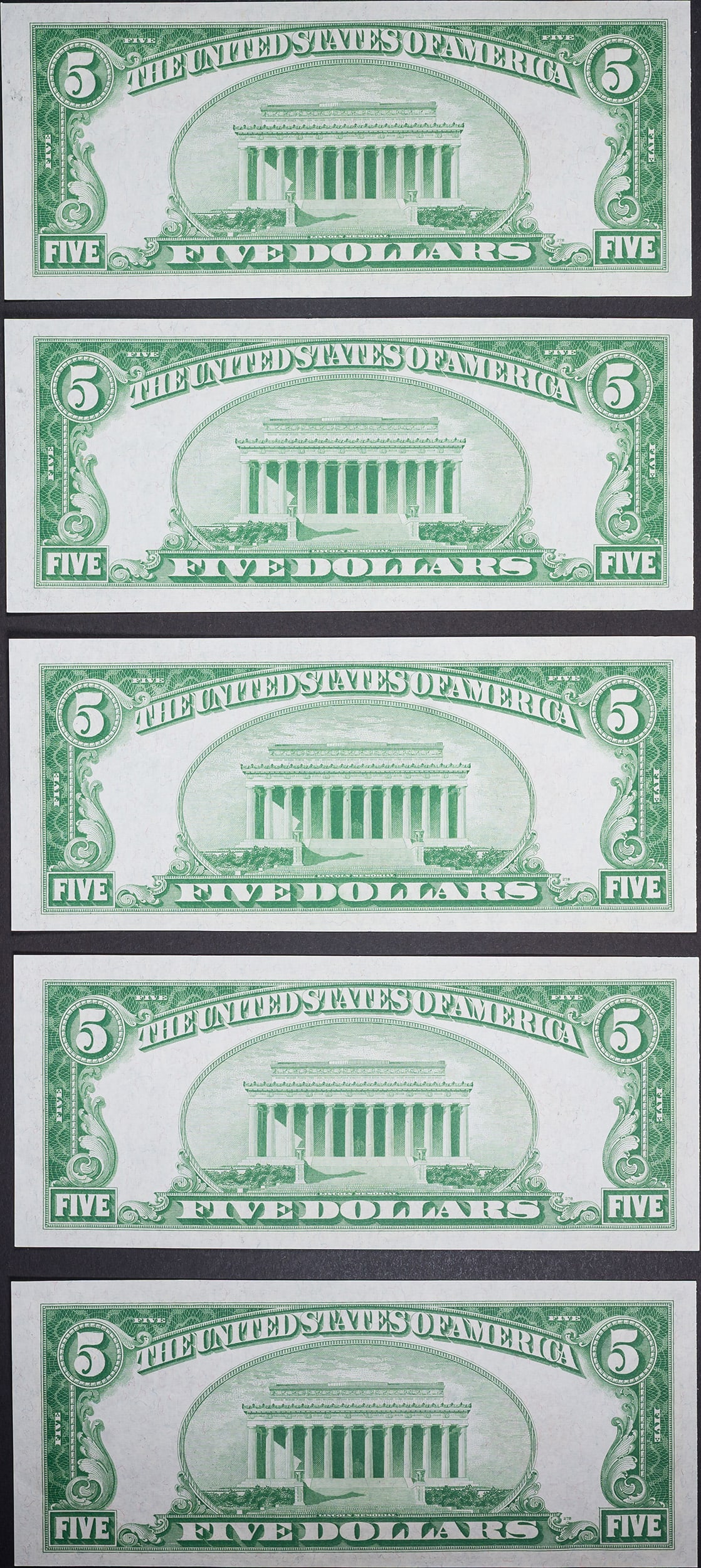 5 Consecutive AU 1928-B $5 U.S. Notes - 2