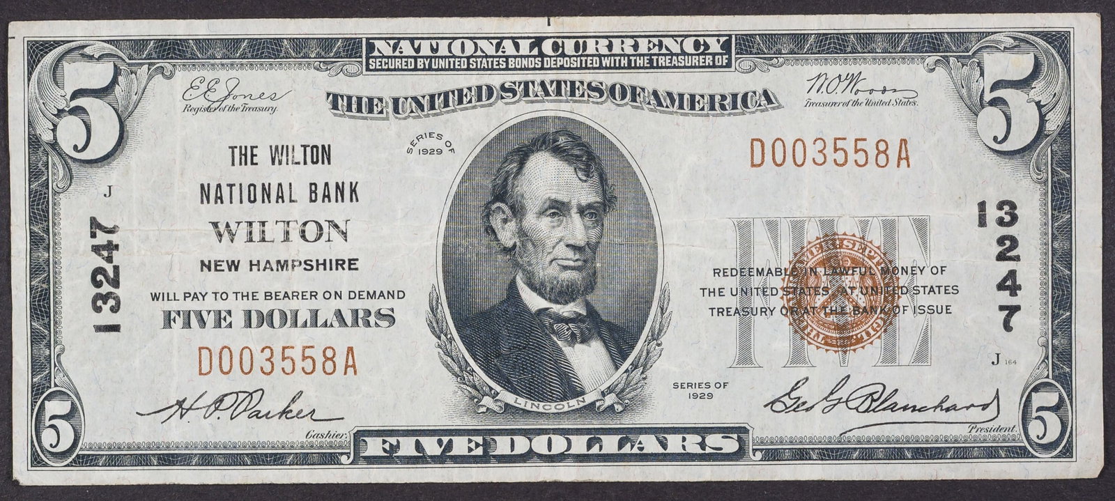 VF Wilton NH $5 1929 National Currency (1 of 2)