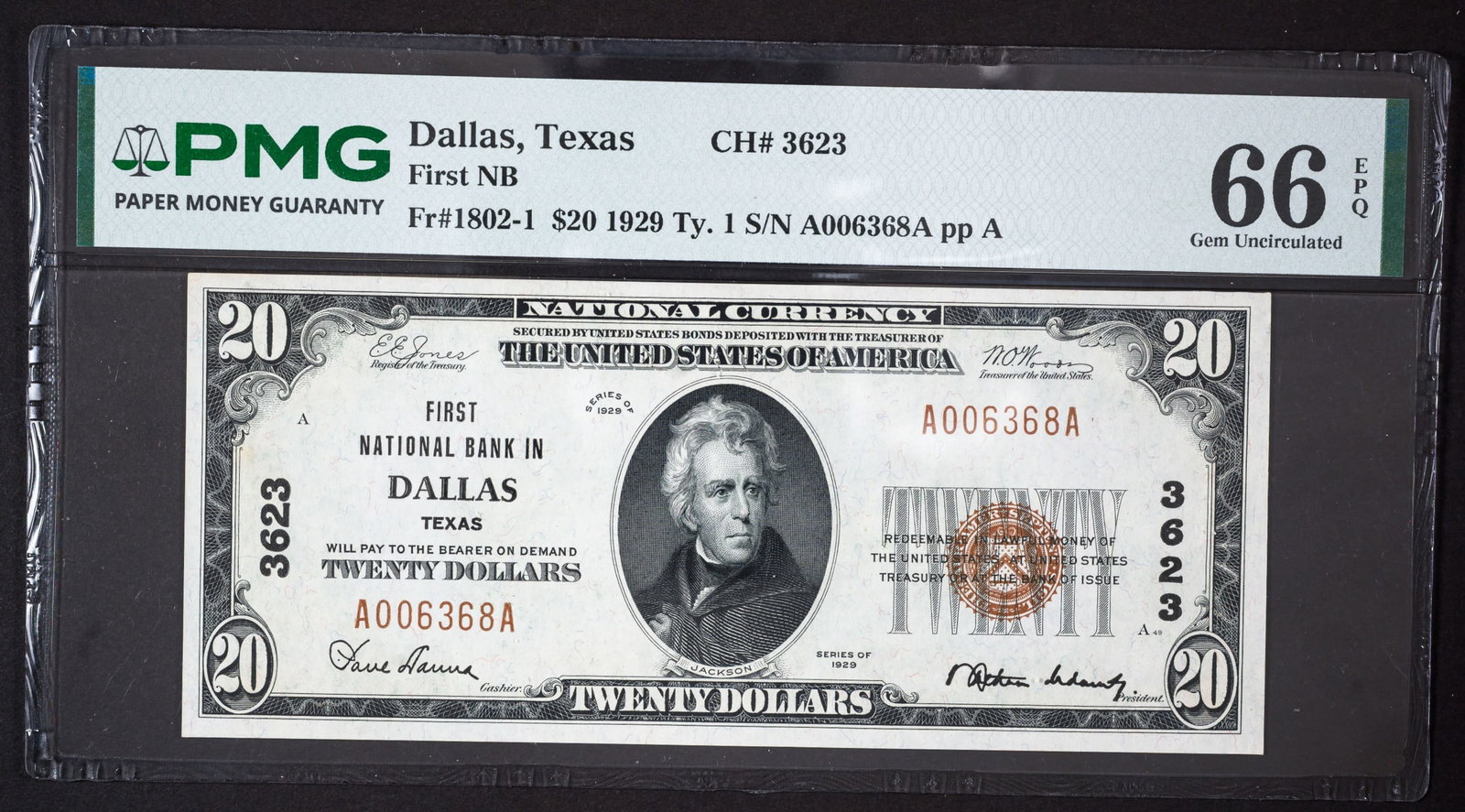 PMG-66 EPQ Dallas TX 1929 $20 National Currency: Type I. Fr.1802-1. First National Bank Of Dallas. A beautiful premium gem example that shows near perfect centering and strong embossing.
