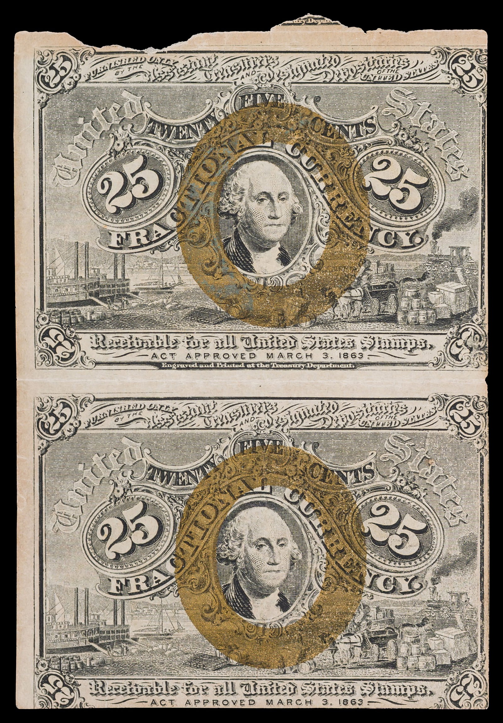 Fractional. EF Two-Note 25-Cents Sheet: Fr-1285. Small piece missing at upper margin, bottom margin tight. Colorful with bold gold frames around Washington's portrait.