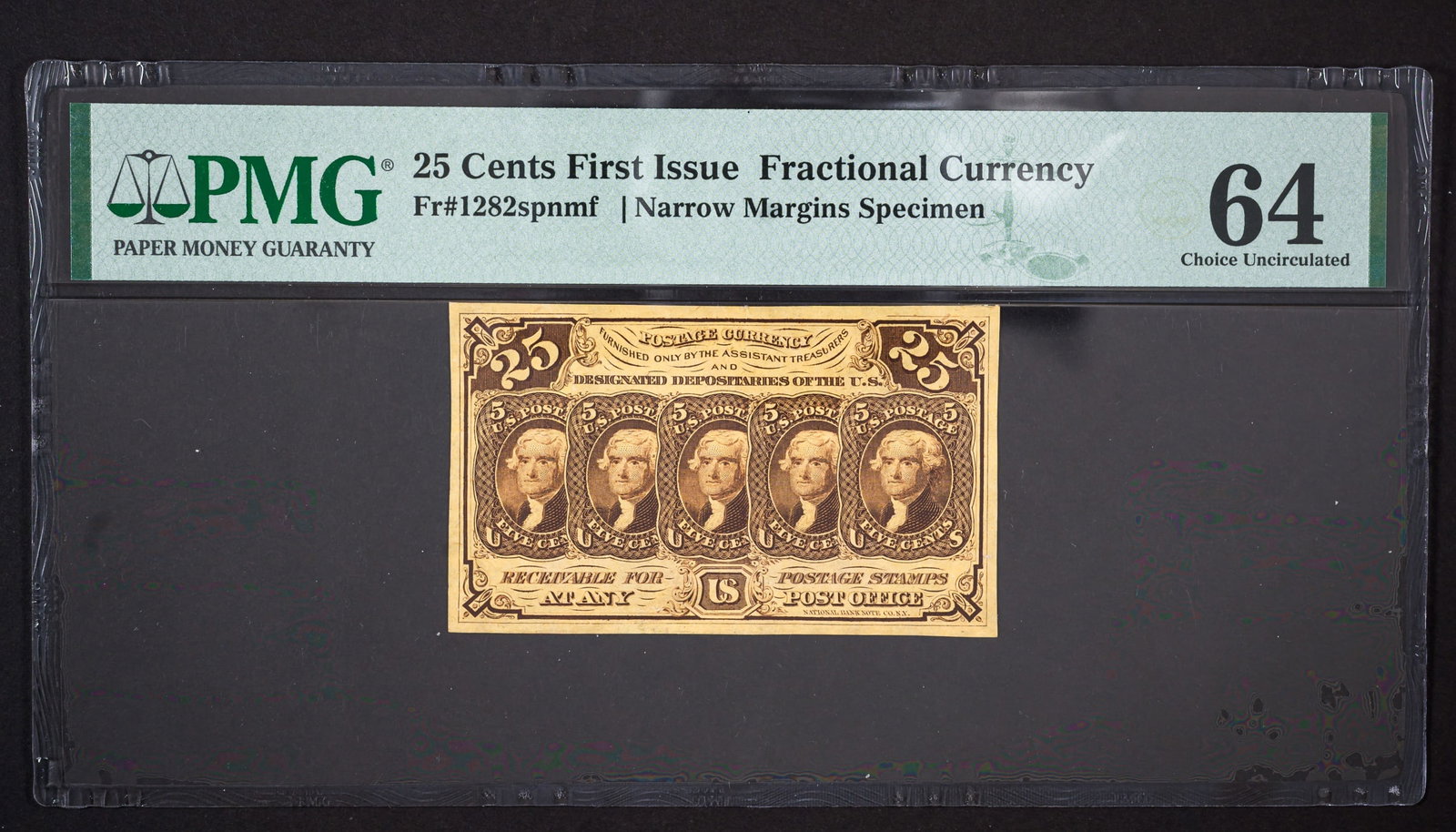 PMG-64 25 Cents Fractional Specimen: Fr.1282 spnmf. Obverse Specimen. Shows some waviness at the side margins. Scarce and undervalued in our opinion.