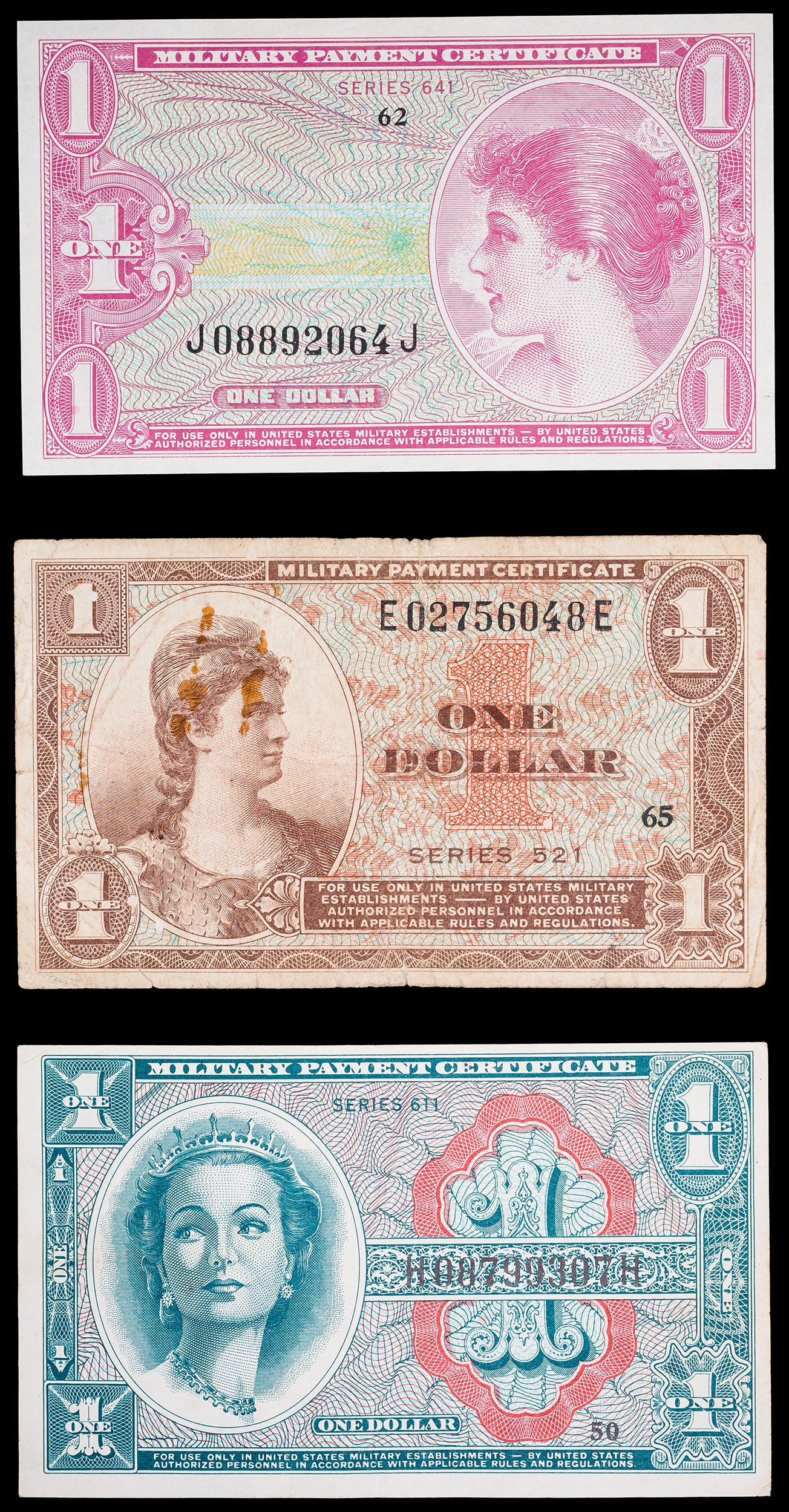 3 Piece $1 Military Payment Certificate Lot: Includes a VF (stained) 1954-58 Series 521, AU 1964-69 Series 611 and an AU 1965-68 Series 641. (Total: 3 pcs)