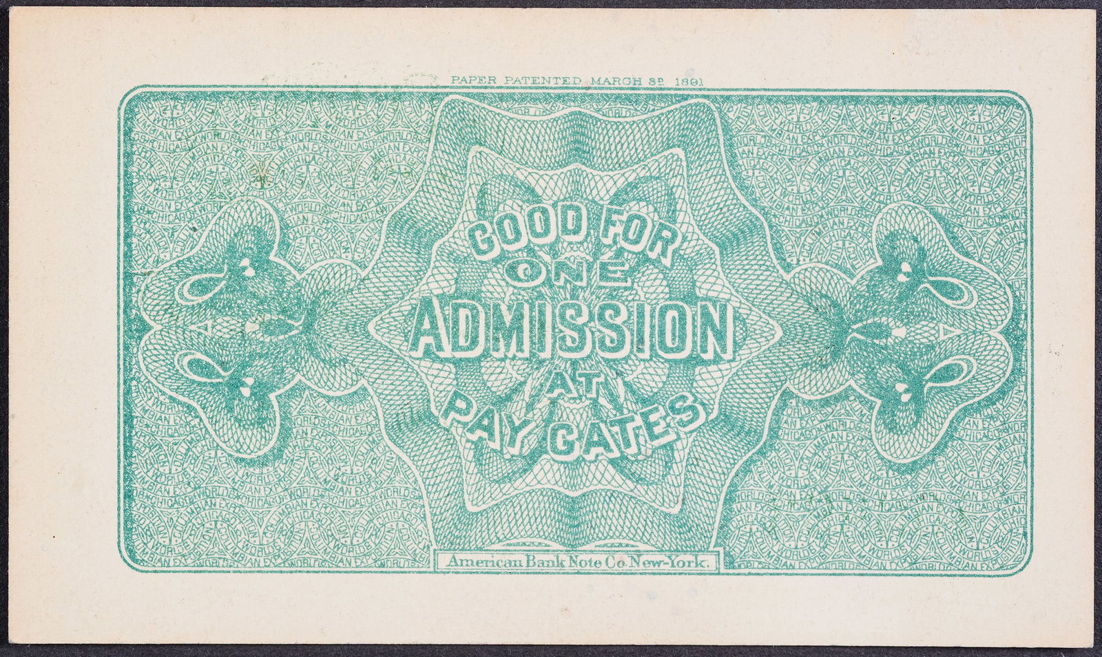 Choice Unc 1893 Columbian Expo Ticket - 2
