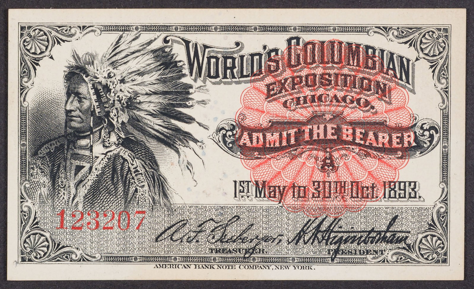Choice Unc 1893 Columbian Expo Ticket: Native American portrait. Crisp, colorful, and evenly centered. No. 123207.