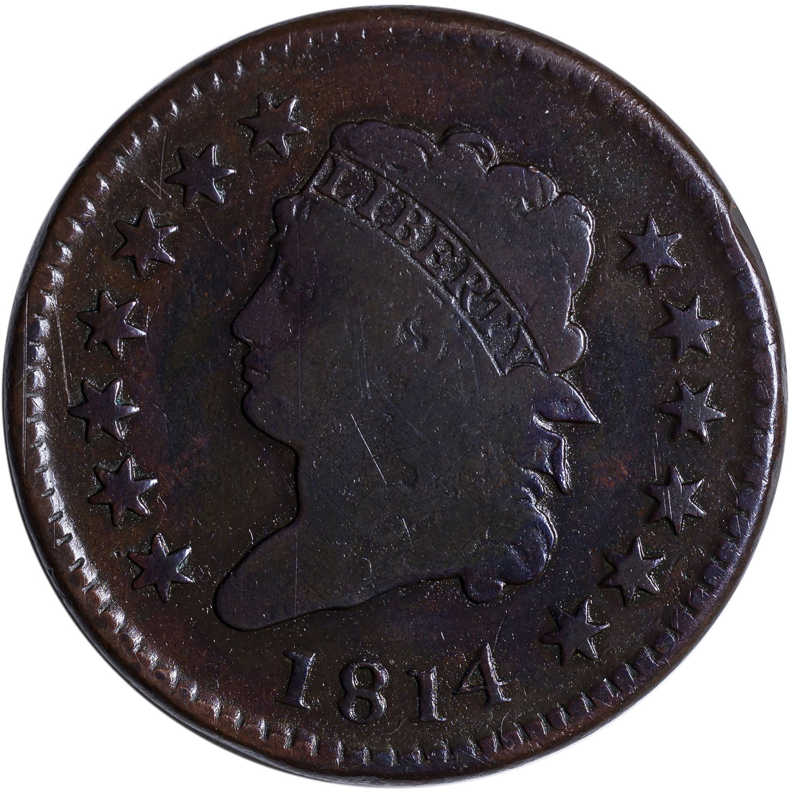 VG to Fine Details 1814 Large Cent: Plain 4. Deep chocolate-brown with excellent eye appeal in spite of some faint scratches that appear under low magnification. A worthwhile coin to our eyes.