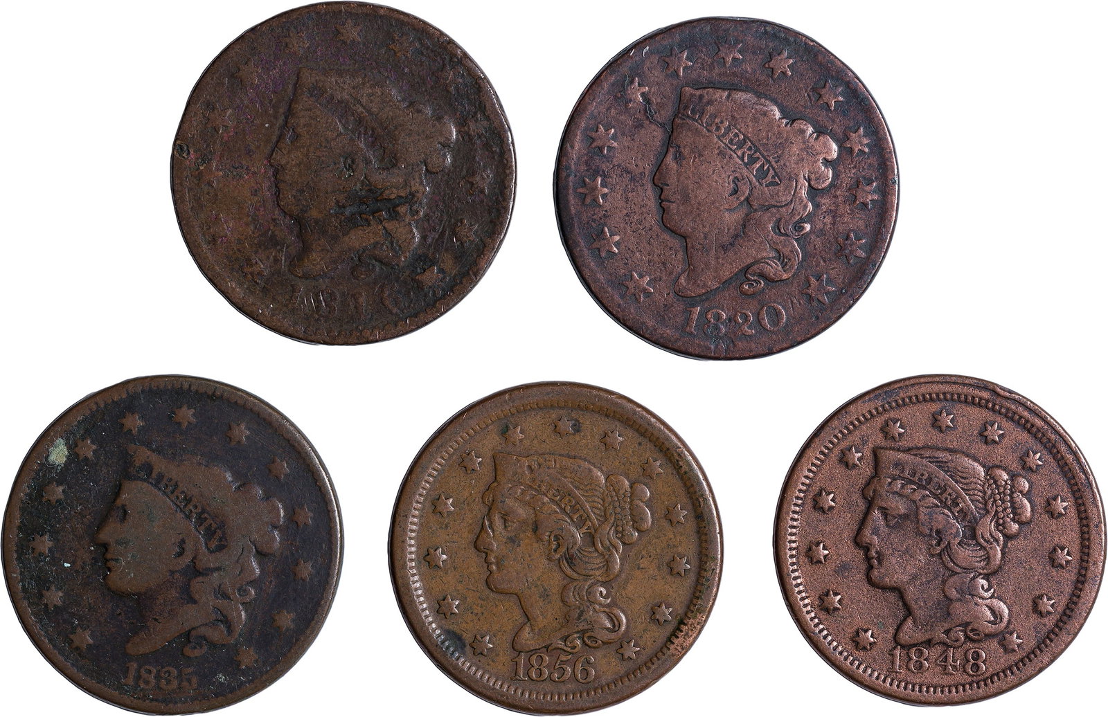Lot of 5 Different Large Cents: Includes 1816, 1820, 1835, 1848 & 1856. Grades are Good to VF though all show some type of problem. (Total: 5 pcs)