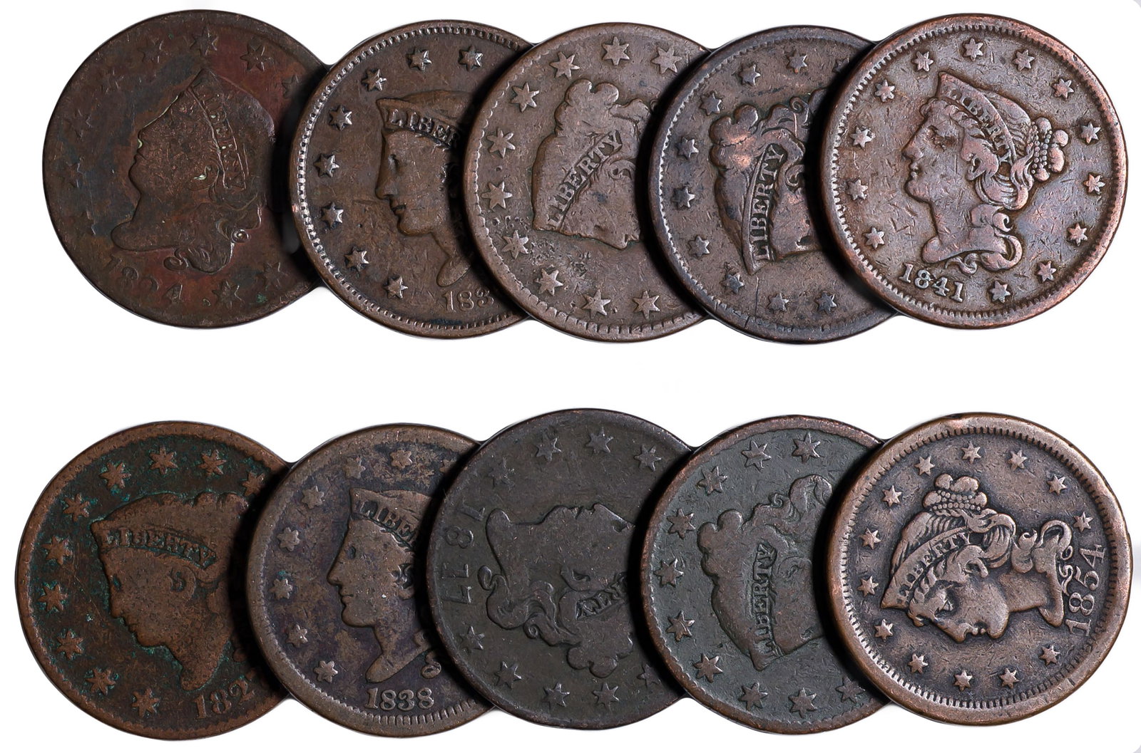 Group of 10 Different VG to VF Large Cents: Includes: Coronet and Braided Hair coins, some with minor drawbacks. (Total: 10 pieces)