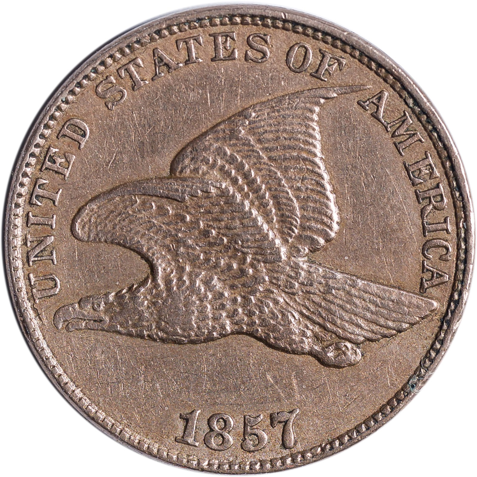 EF-45 Details 1857 Flying Eagle Cent: Cleaned long ago but now retoning. Sharply struck.