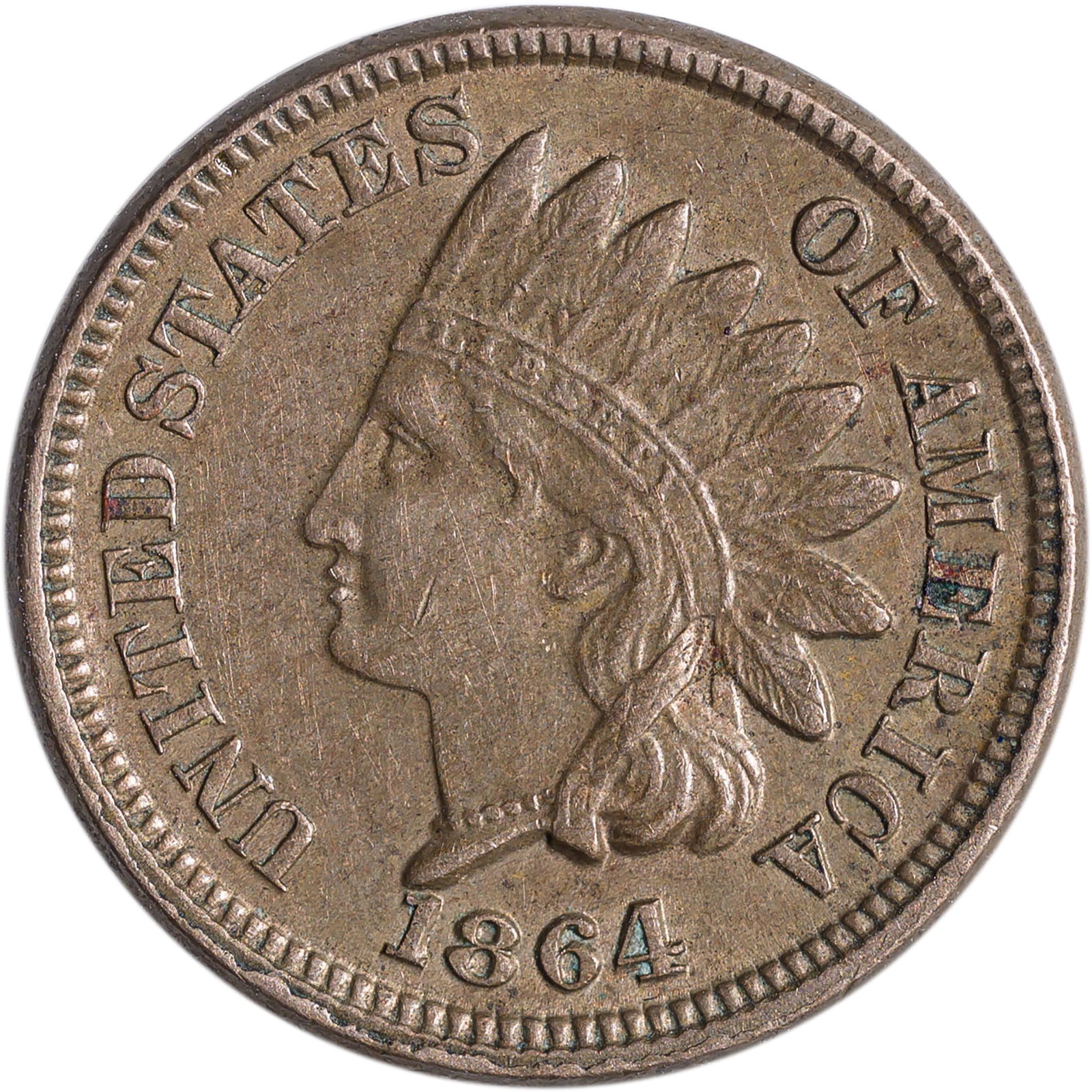 AU-50 1864 Cupro-Nickel Indian Cent: Satiny olive-gold throughout.