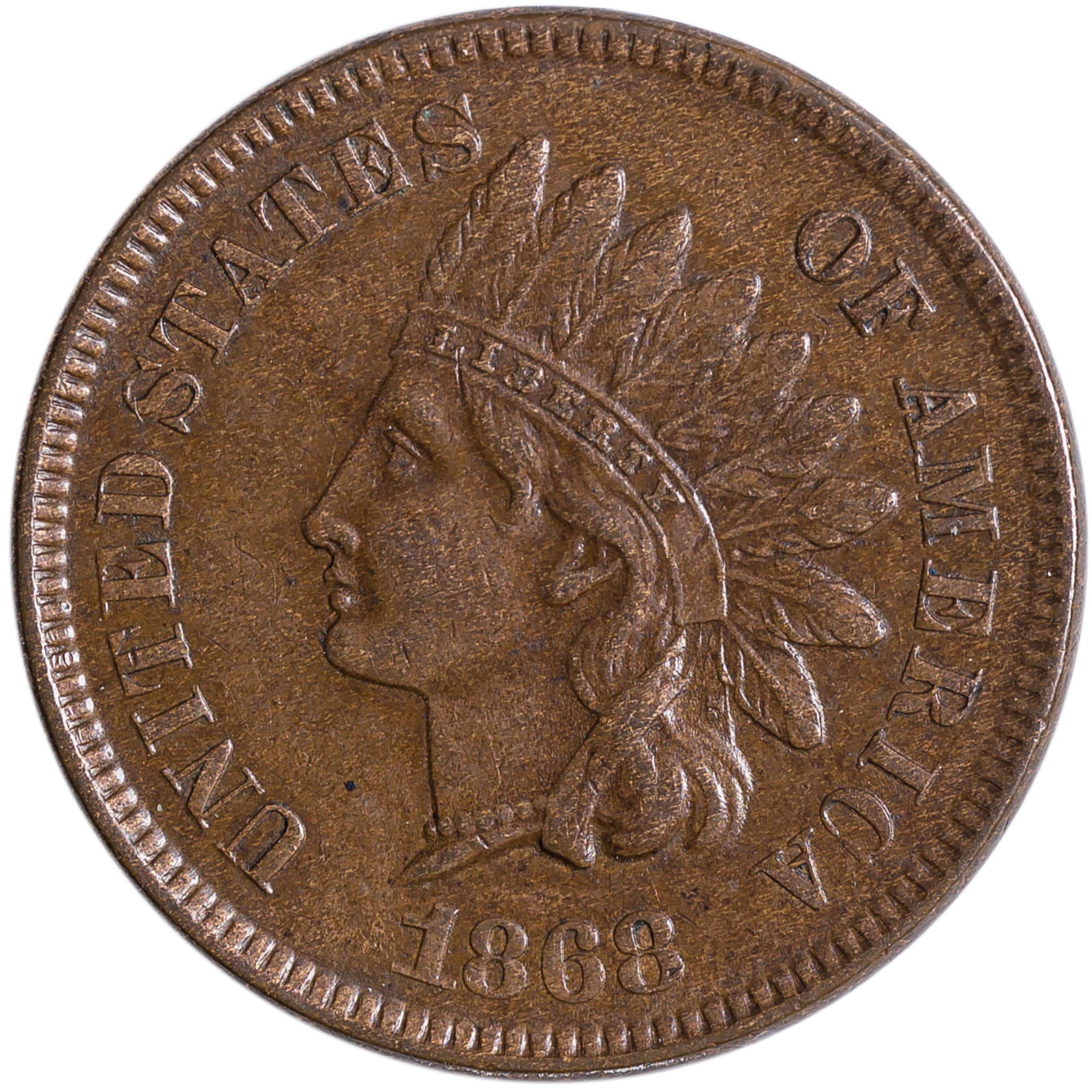 AU-50+ 1868 Indian Cent: Medium chocolate-brown surfaces offer exceptional quality and eye appeal to match.