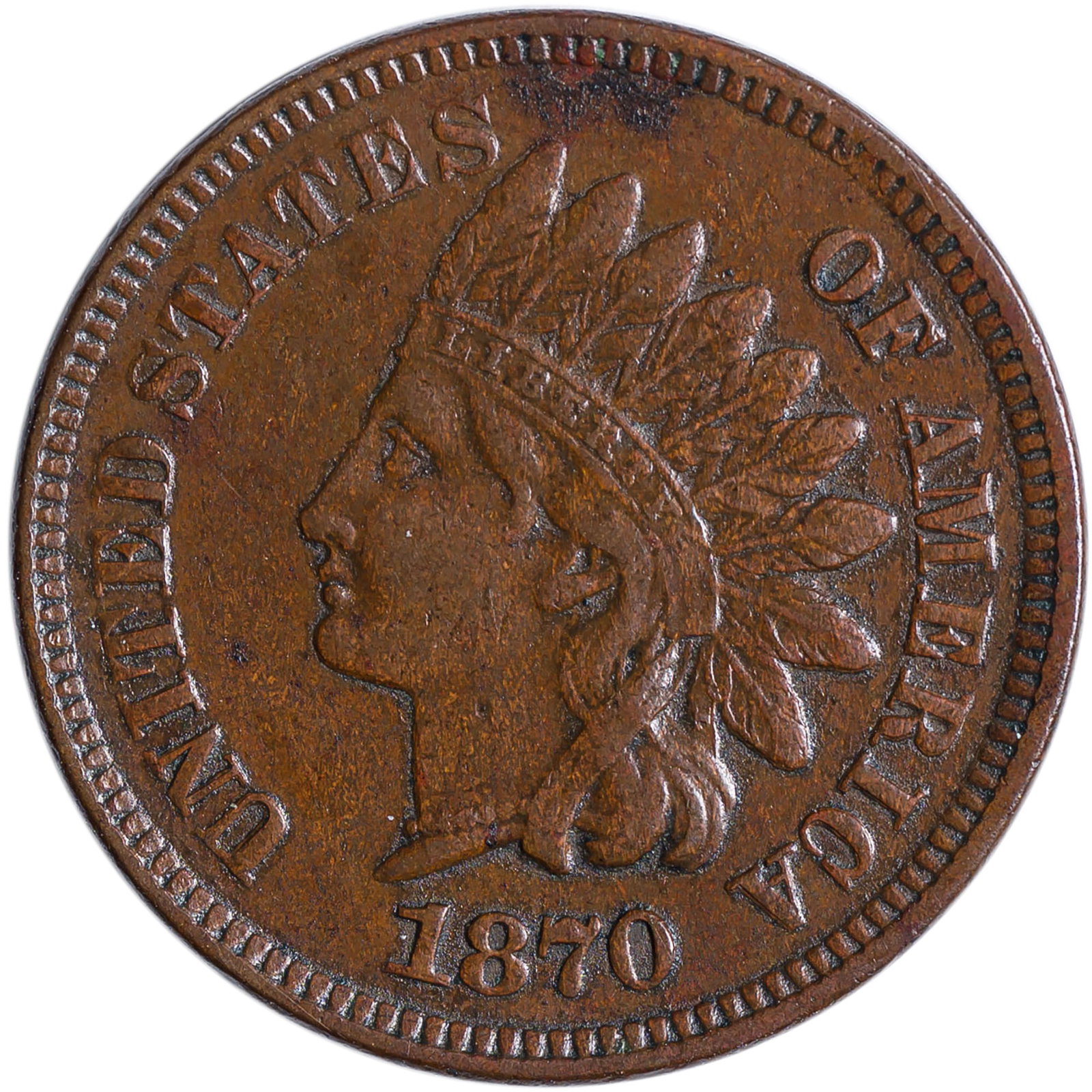 EF-45 1870 Indian Cent: Glossy golden-tan surfaces offer strong devices and minimal marks. Some faint detritus in protected design areas.