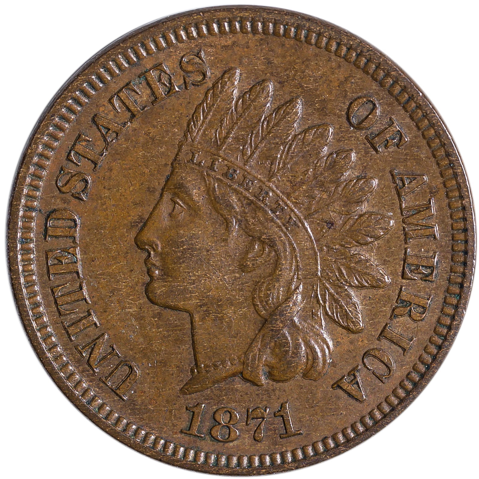 Choice AU-55 1871 Indian Cent: Mark-free lustrous brown surfaces. Absolutely Choice for the grade.