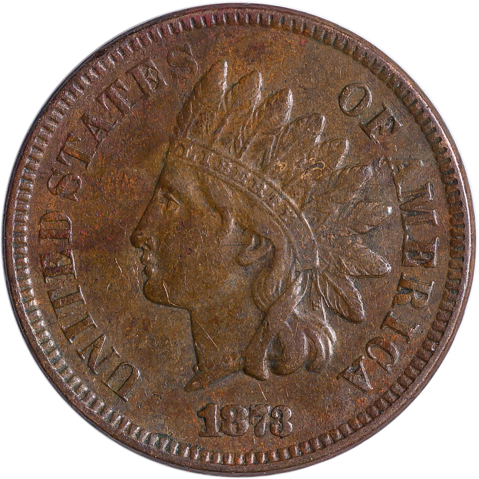 EF-40 1873 Close 3 Indian Cent: The evenly worn golden-tan surfaces are essentially mark-free to the unaided eye.