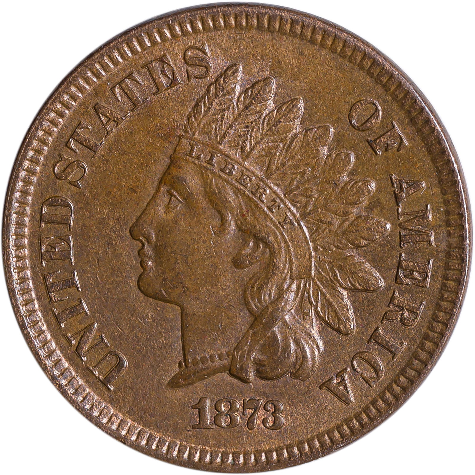 Choice MS-63 BN 1873 Open 3 Indian Cent: Lively red luster in the protected areas adds to the overall quality and aesthetics of this choice golden-tan specimen.